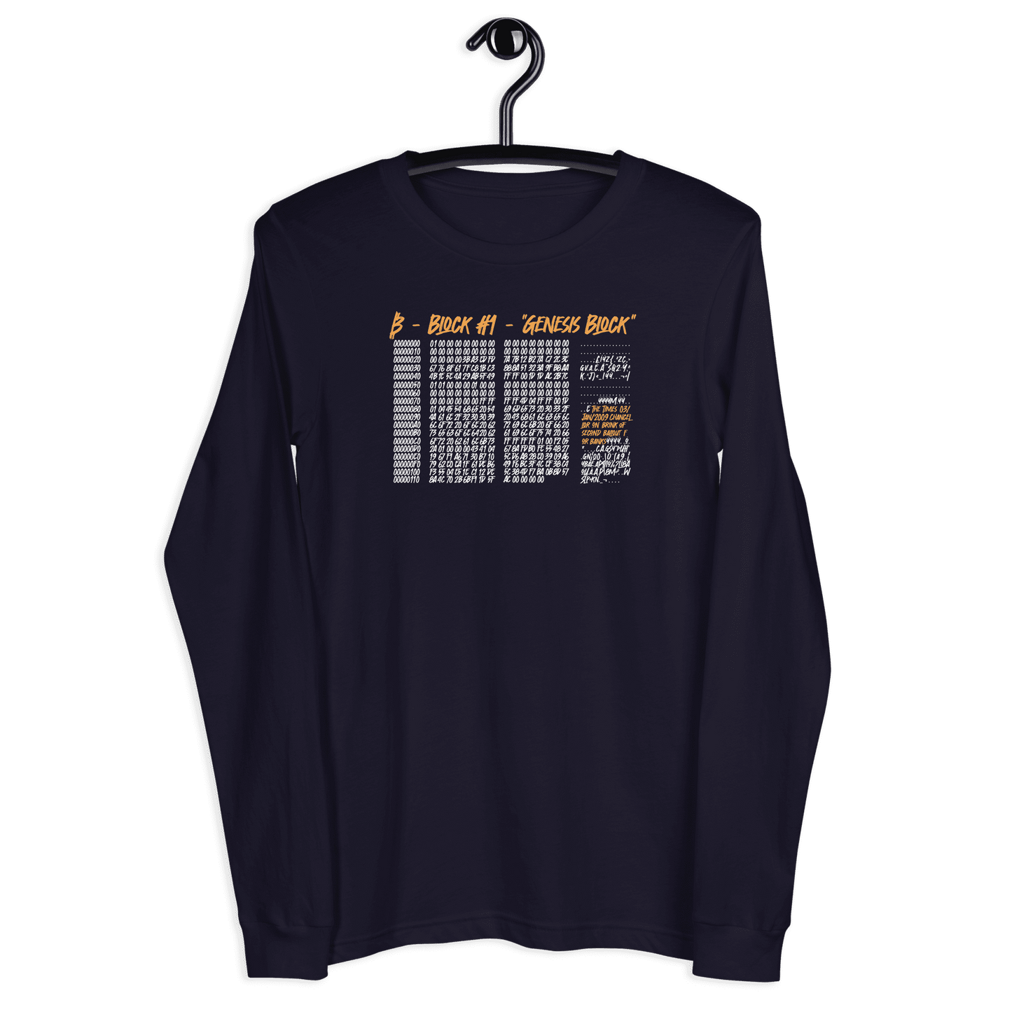 Front view of a navy colored bitcoin long sleeve tee.
