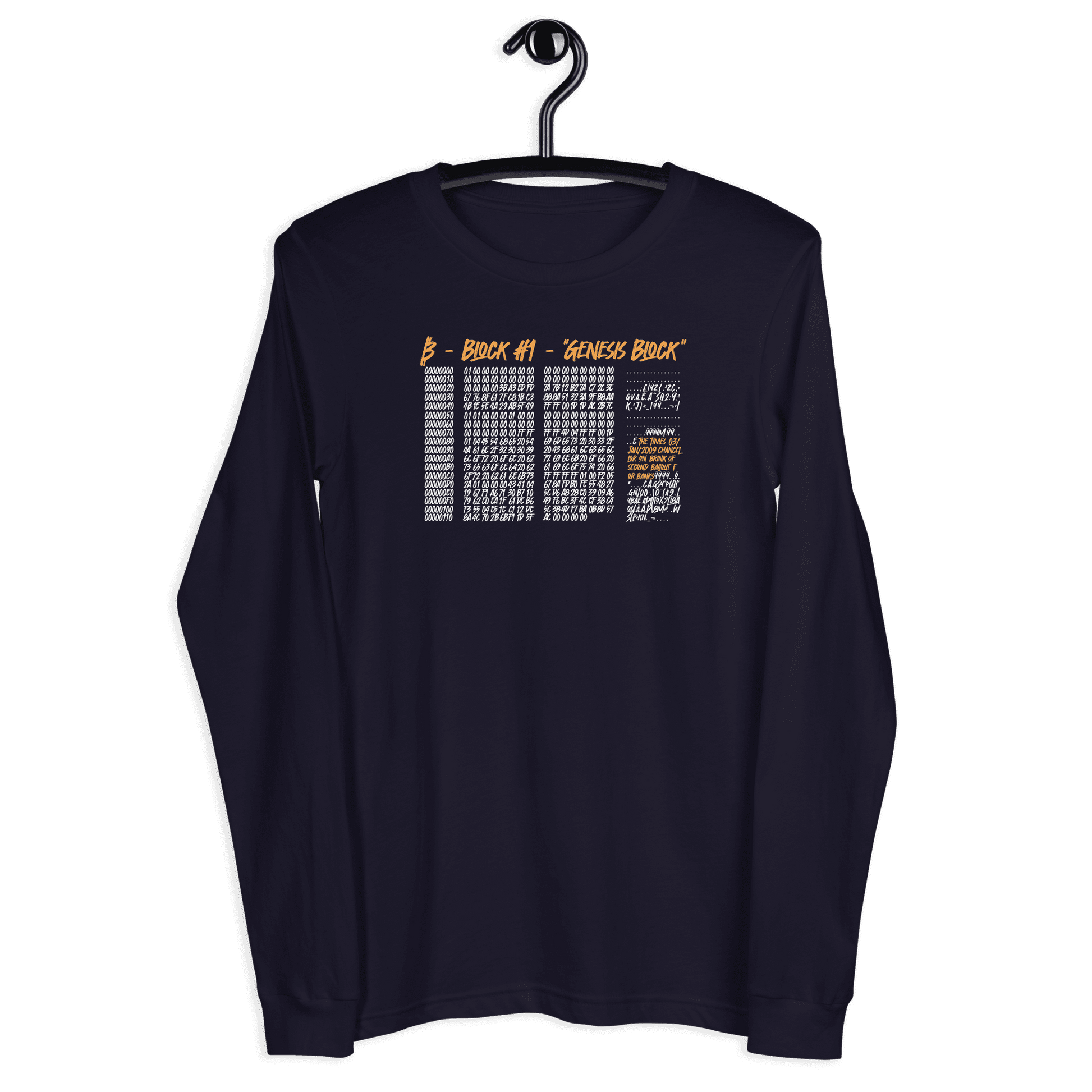Front view of a navy colored bitcoin long sleeve tee.