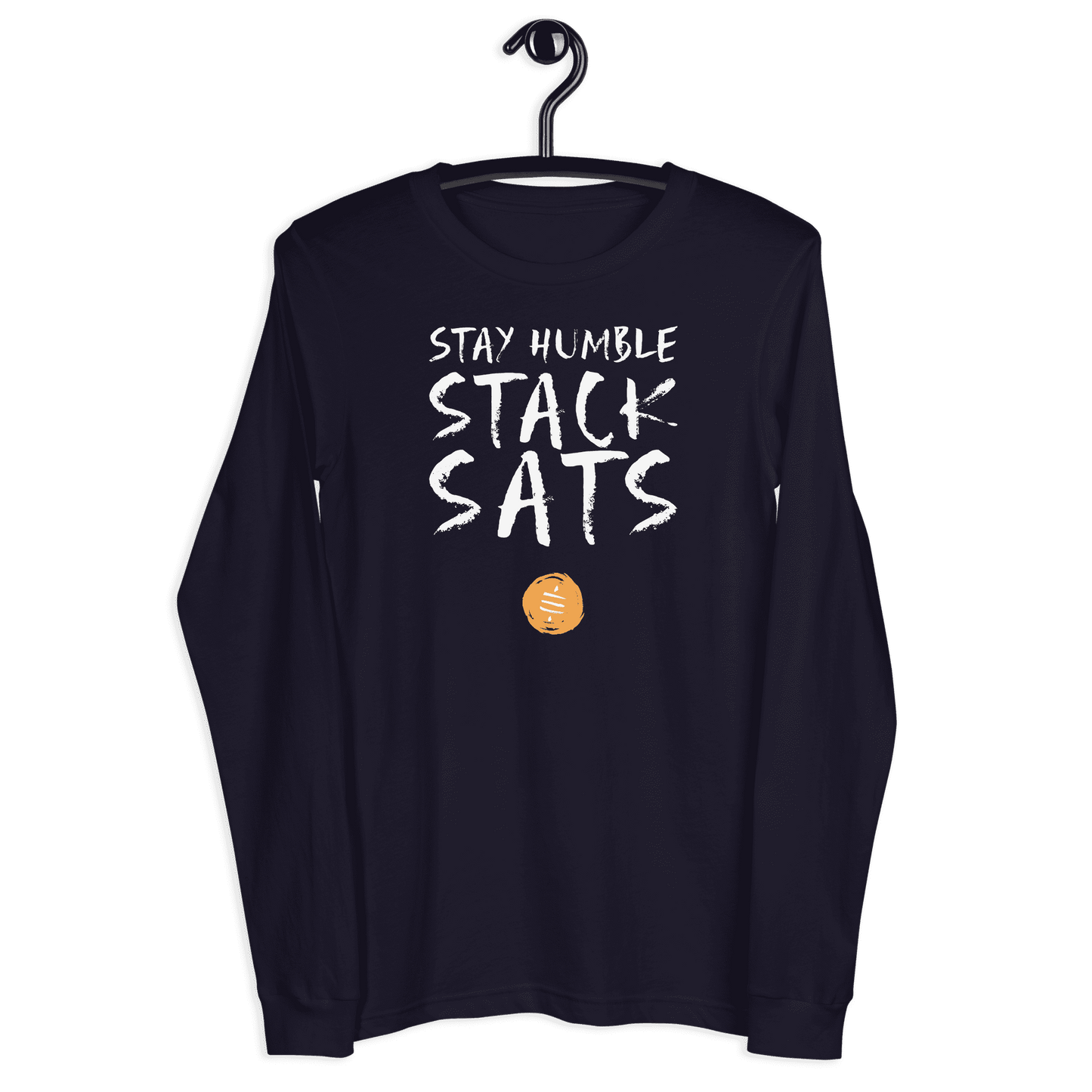 Front view of a navy colored bitcoin long sleeve tee.