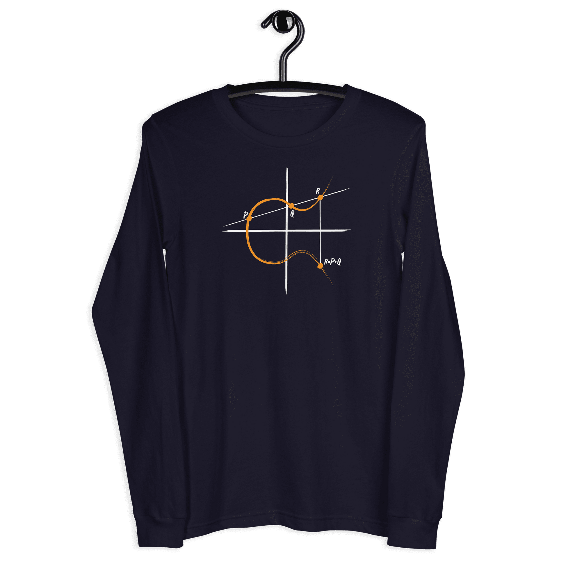 Front view of a navy colored bitcoin long sleeve tee.