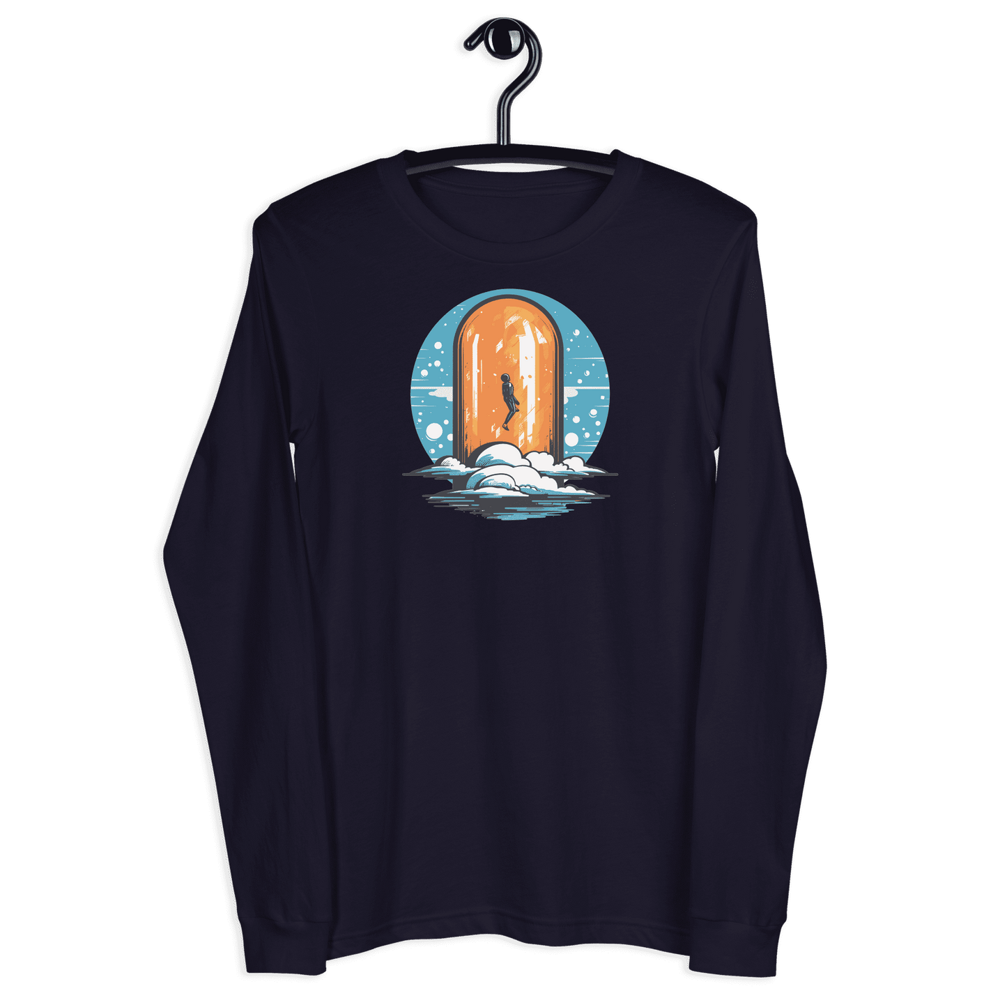 Front view of a navy colored bitcoin long sleeve tee.