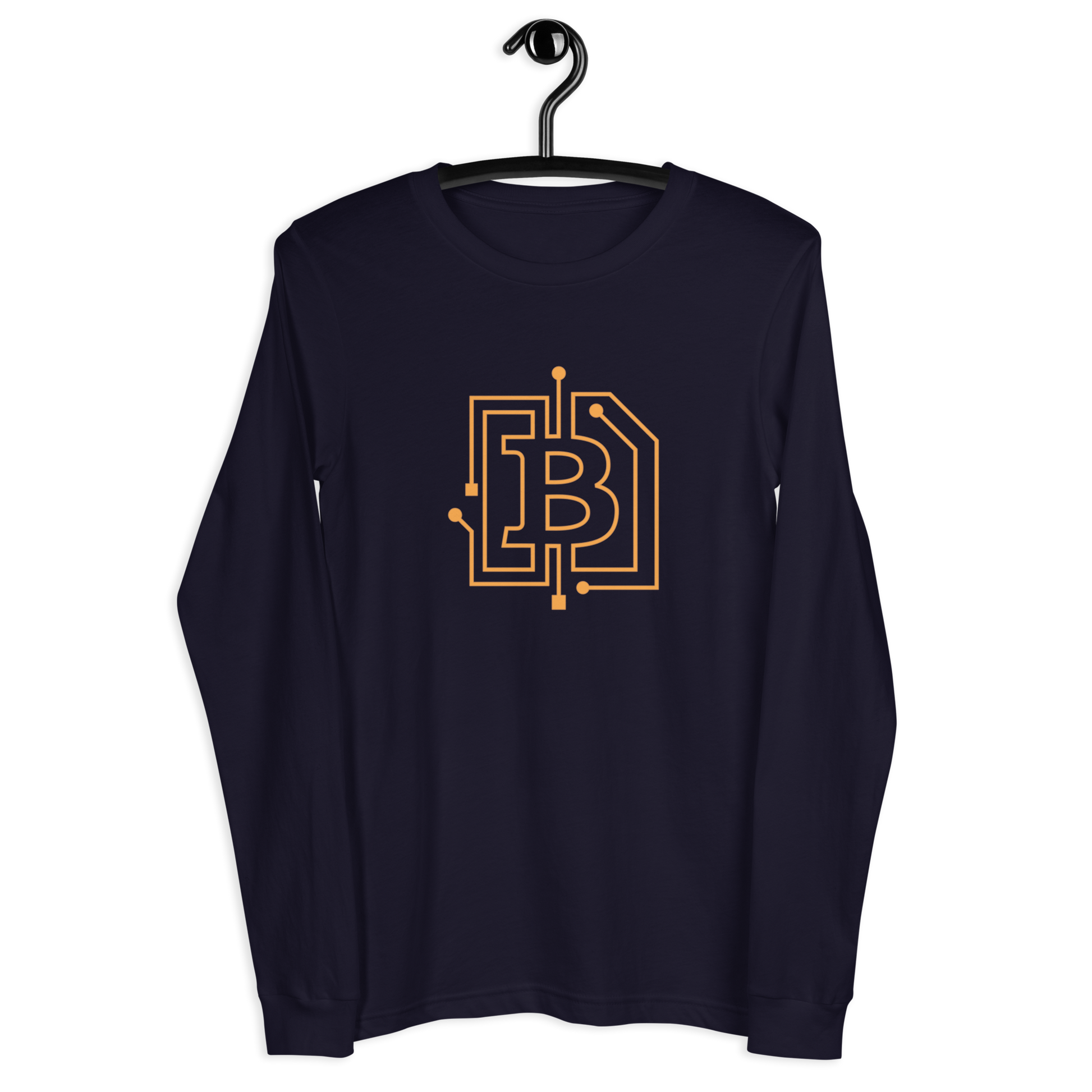 Front view of a navy colored bitcoin long sleeve tee.