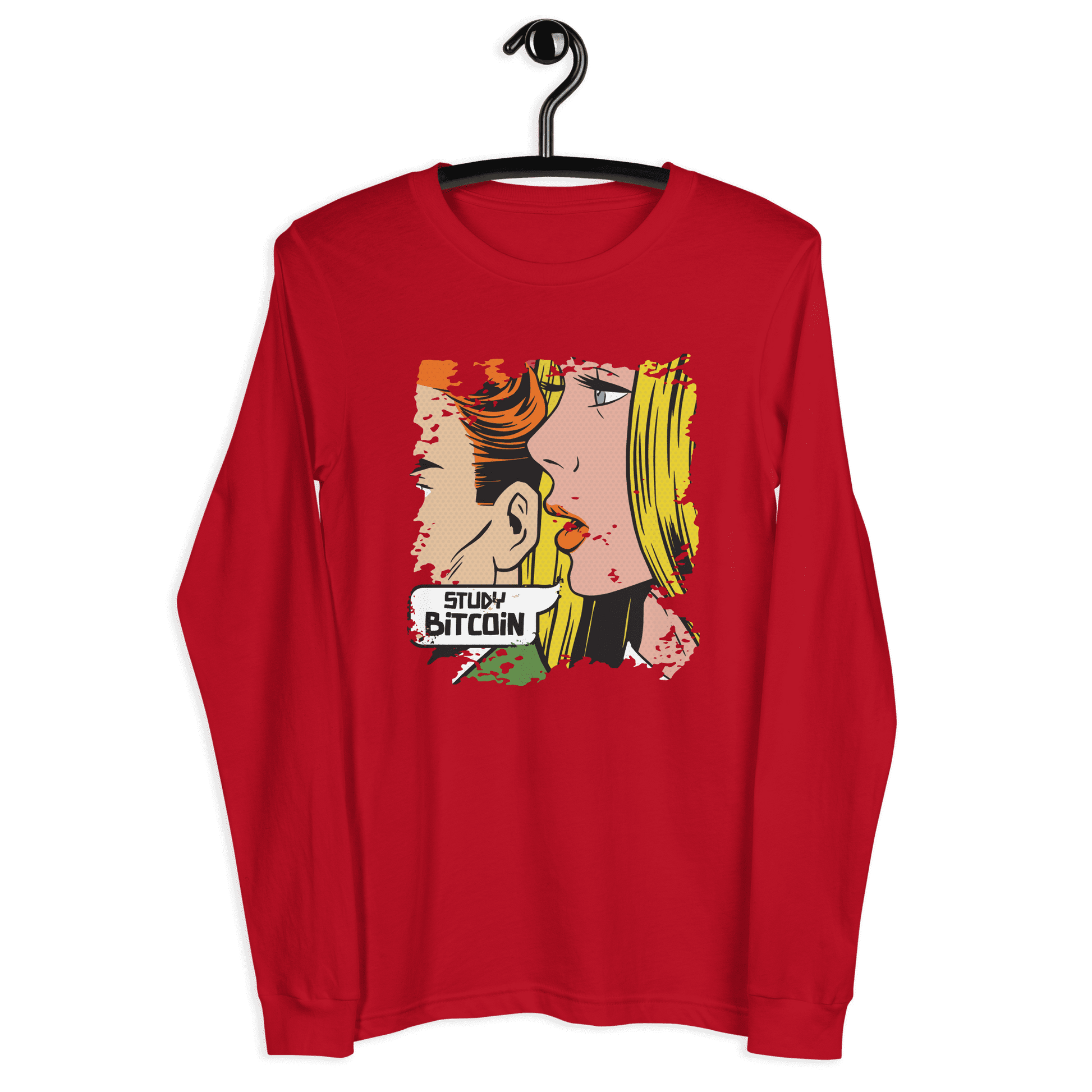 Front view of a red bitcoin long sleeve tee.