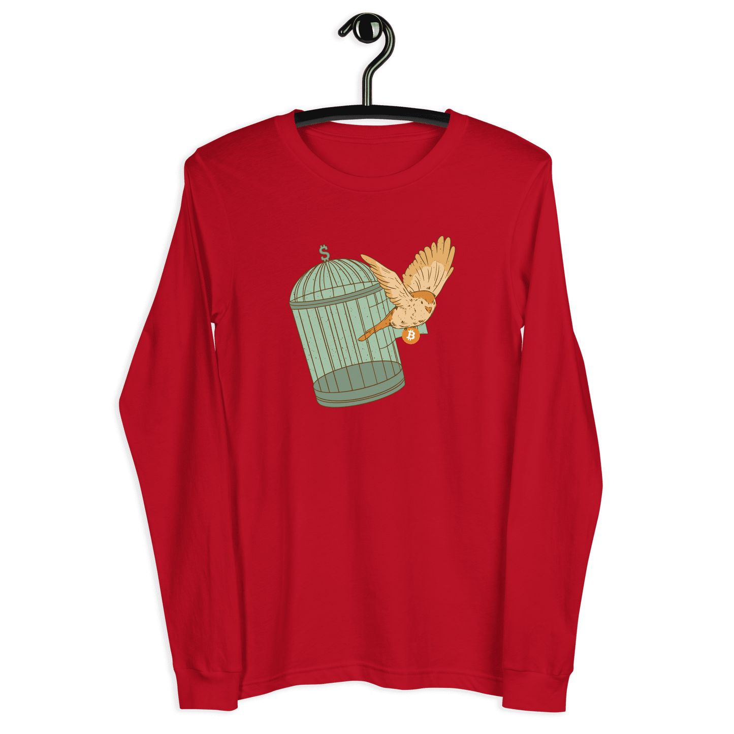Front view of a red bitcoin long sleeve tee.