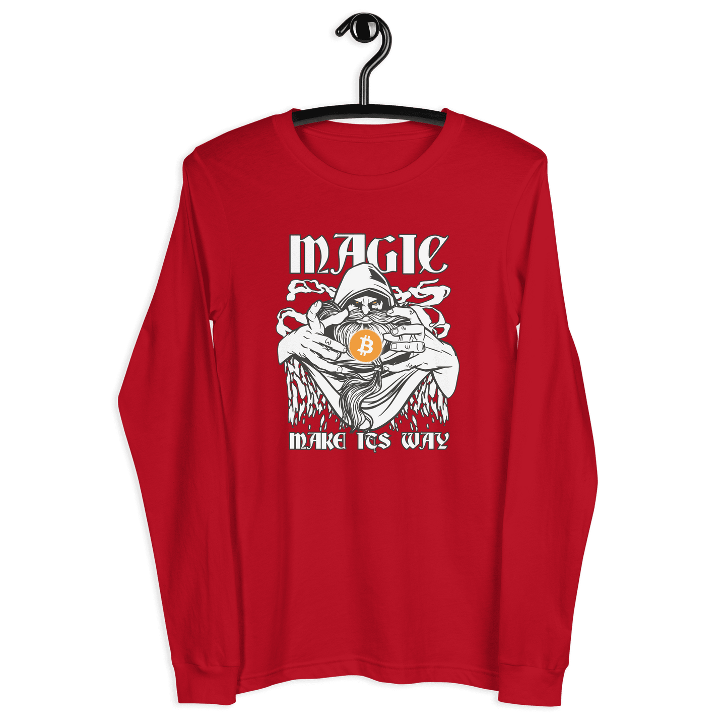 Front view of a red bitcoin long sleeve tee.