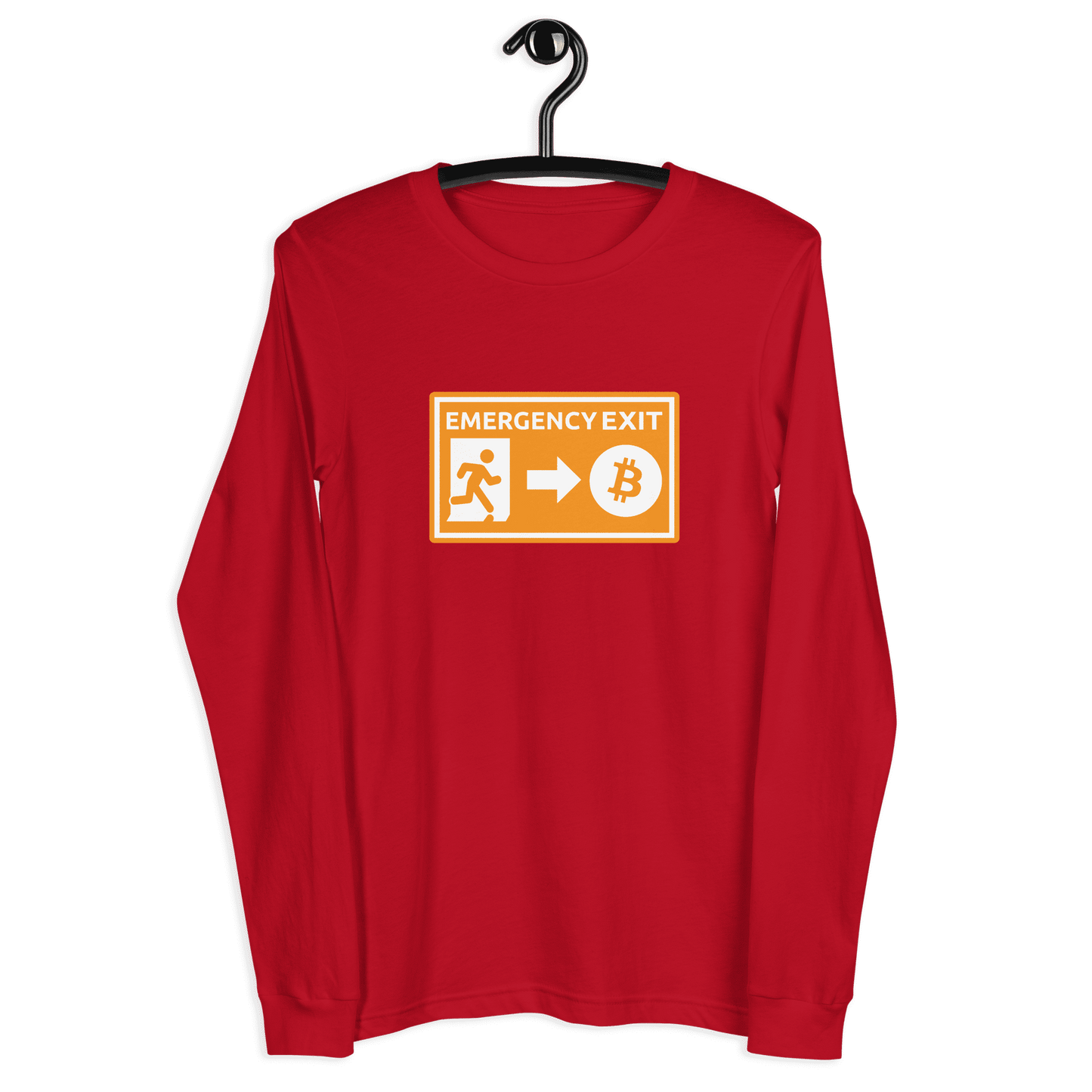 Front view of a red bitcoin long sleeve tee.