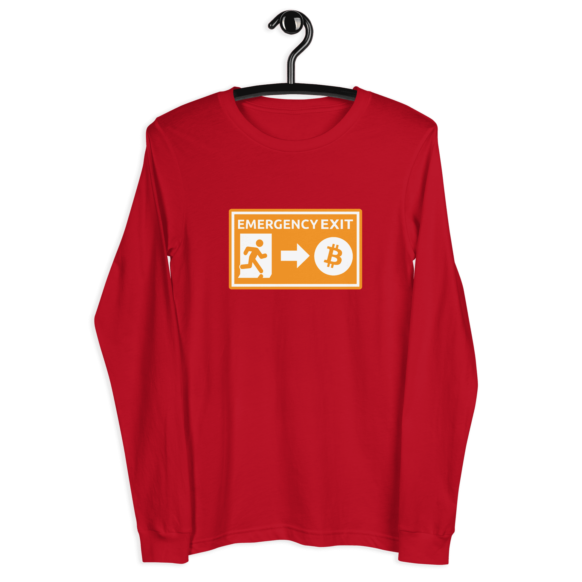 Front view of a red bitcoin long sleeve tee.