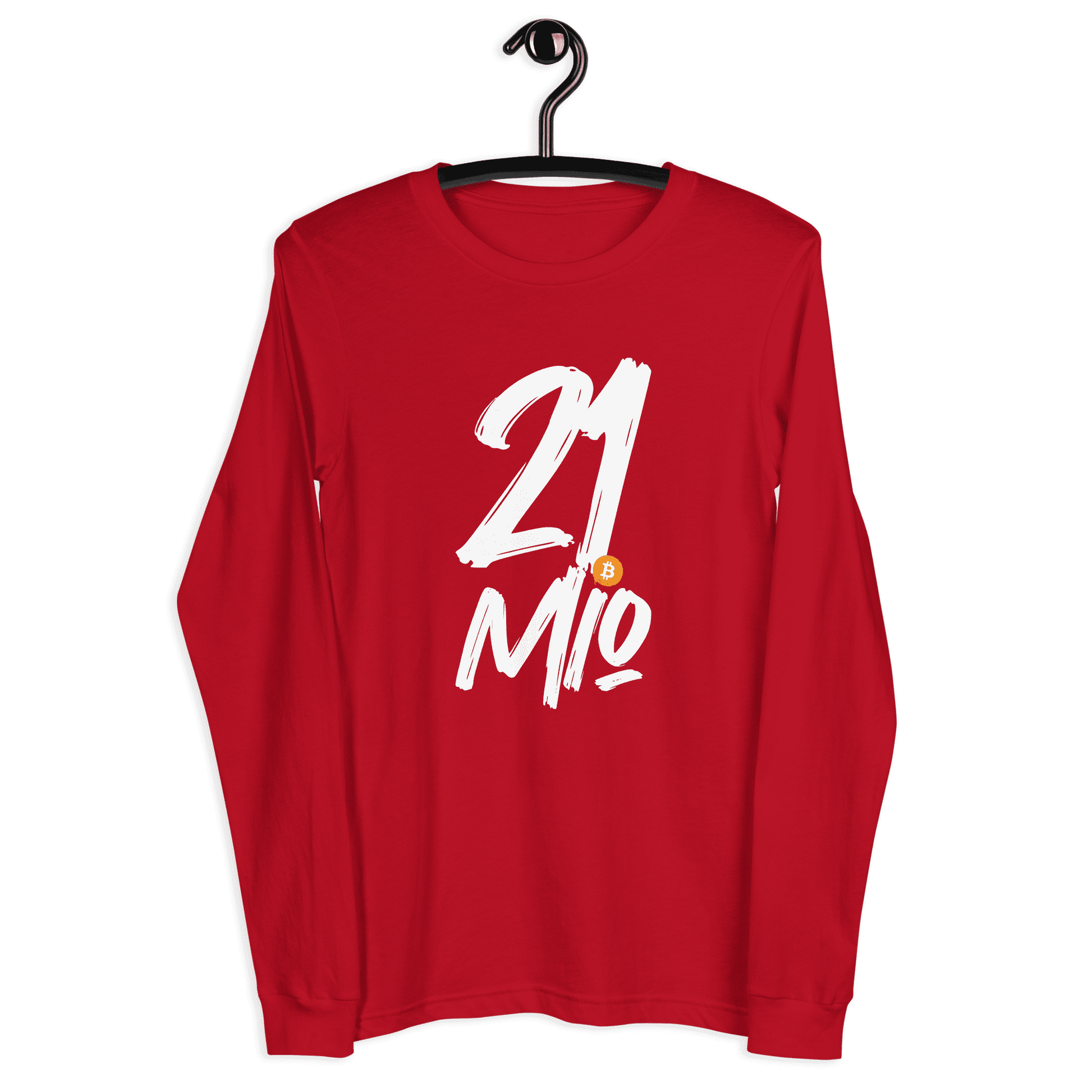 Front view of a red bitcoin long sleeve tee.