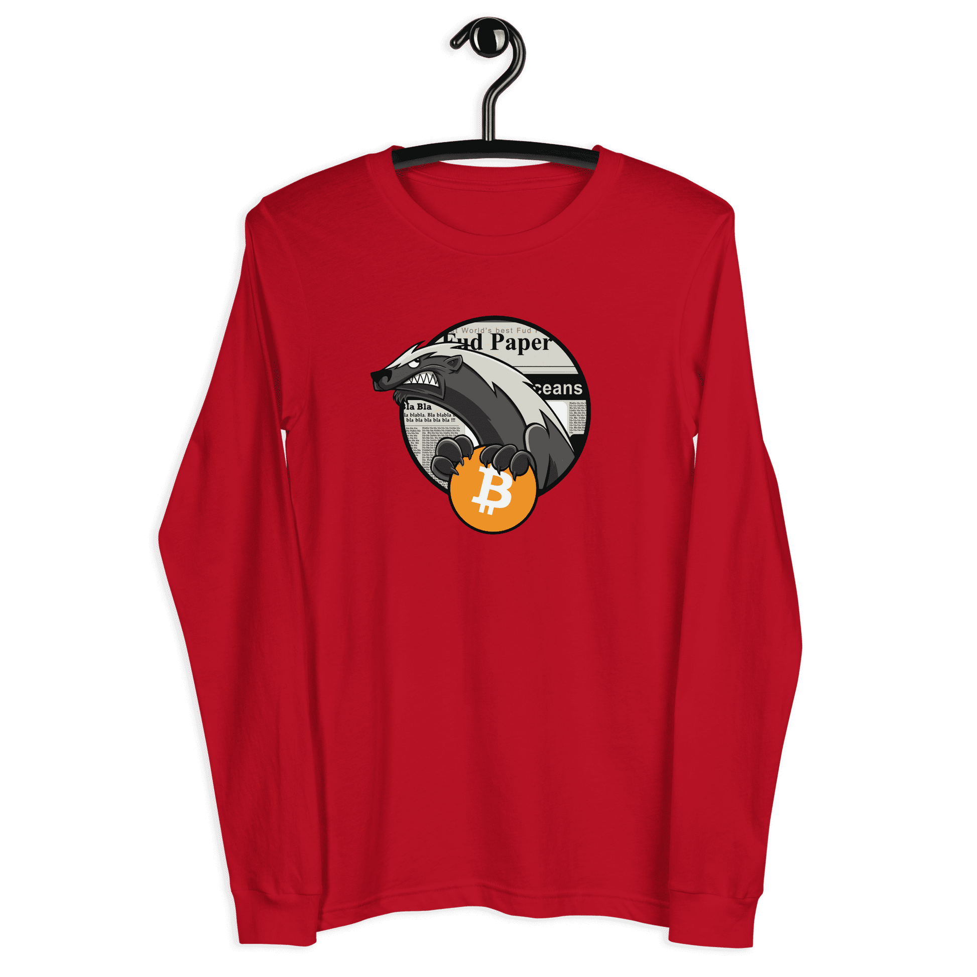 Front view of a red bitcoin long sleeve tee.