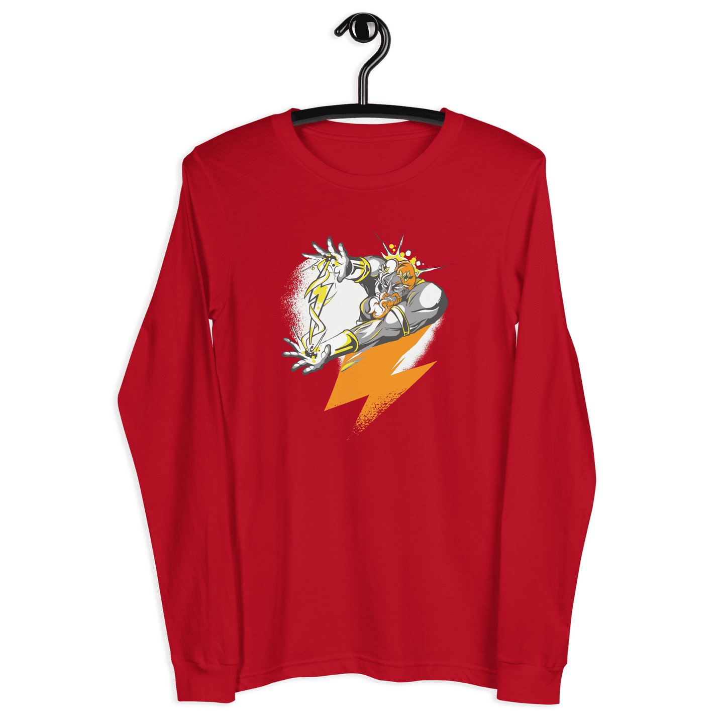 Front view of a red bitcoin long sleeve tee.