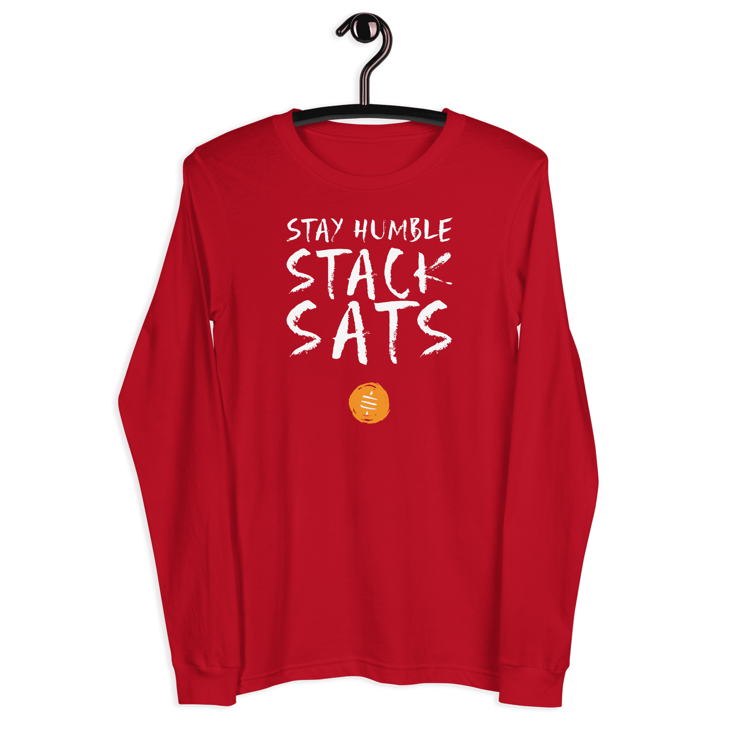 Front view of a red bitcoin long sleeve tee.