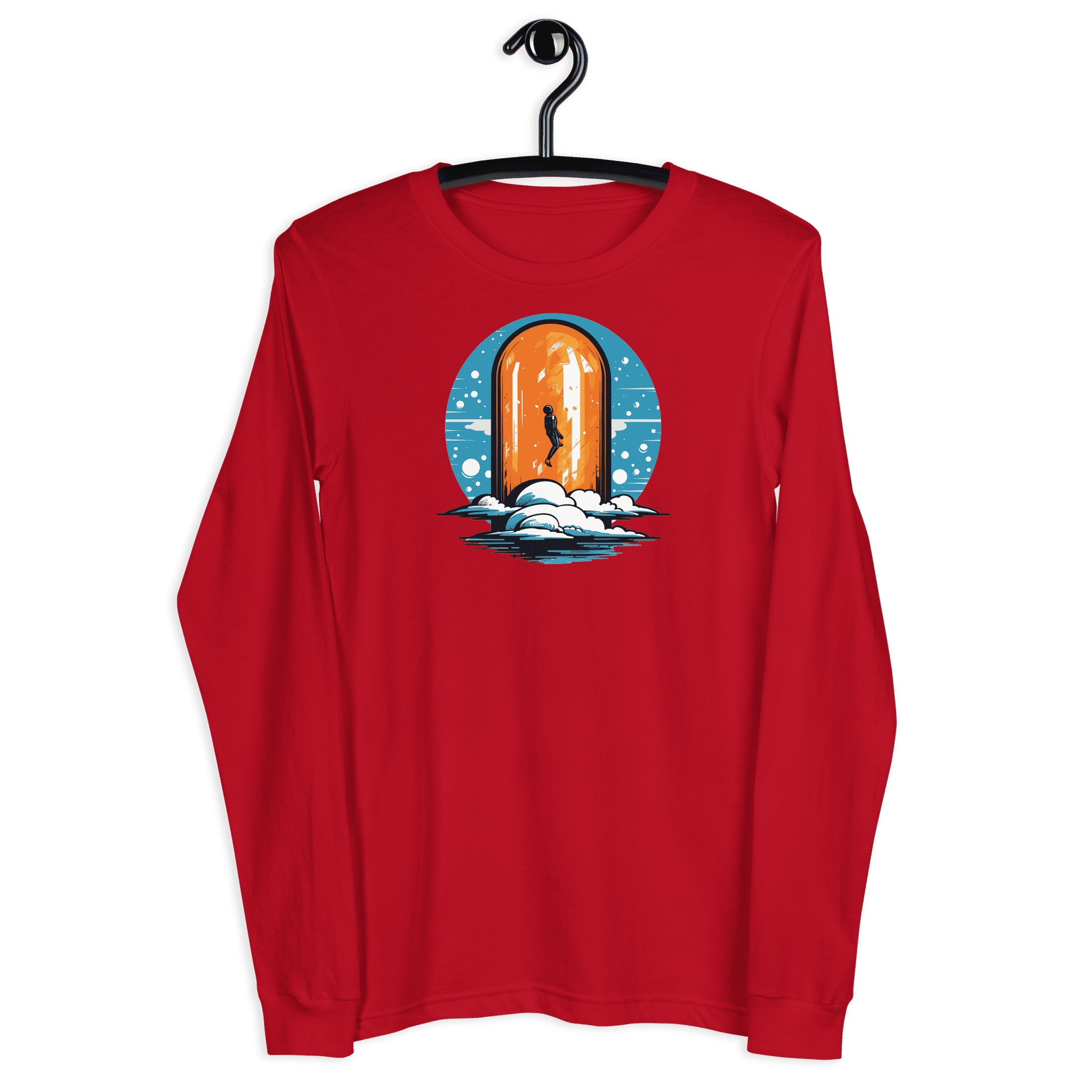 Front view of a red bitcoin long sleeve tee.