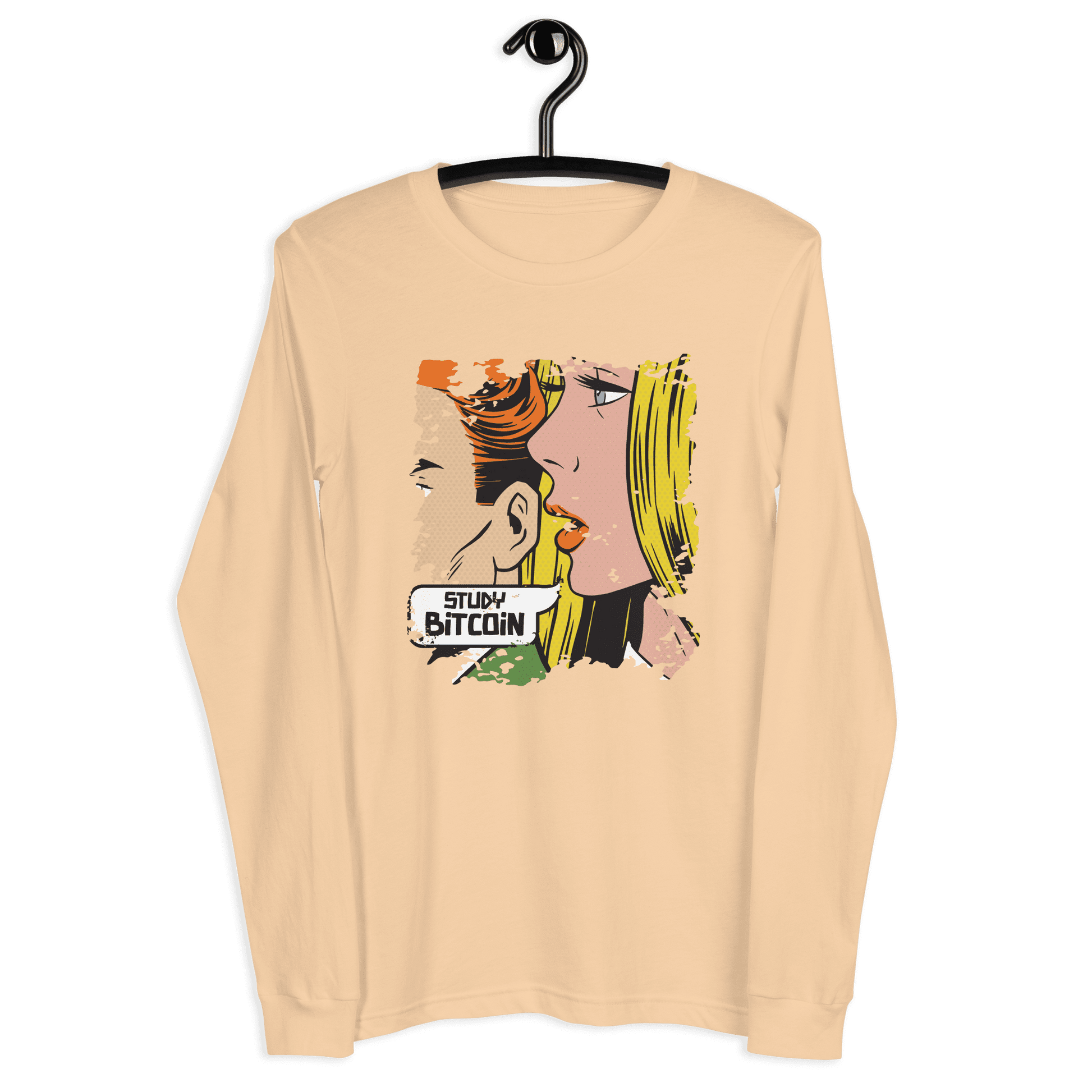 Front view of a sand dune colored bitcoin long sleeve tee.