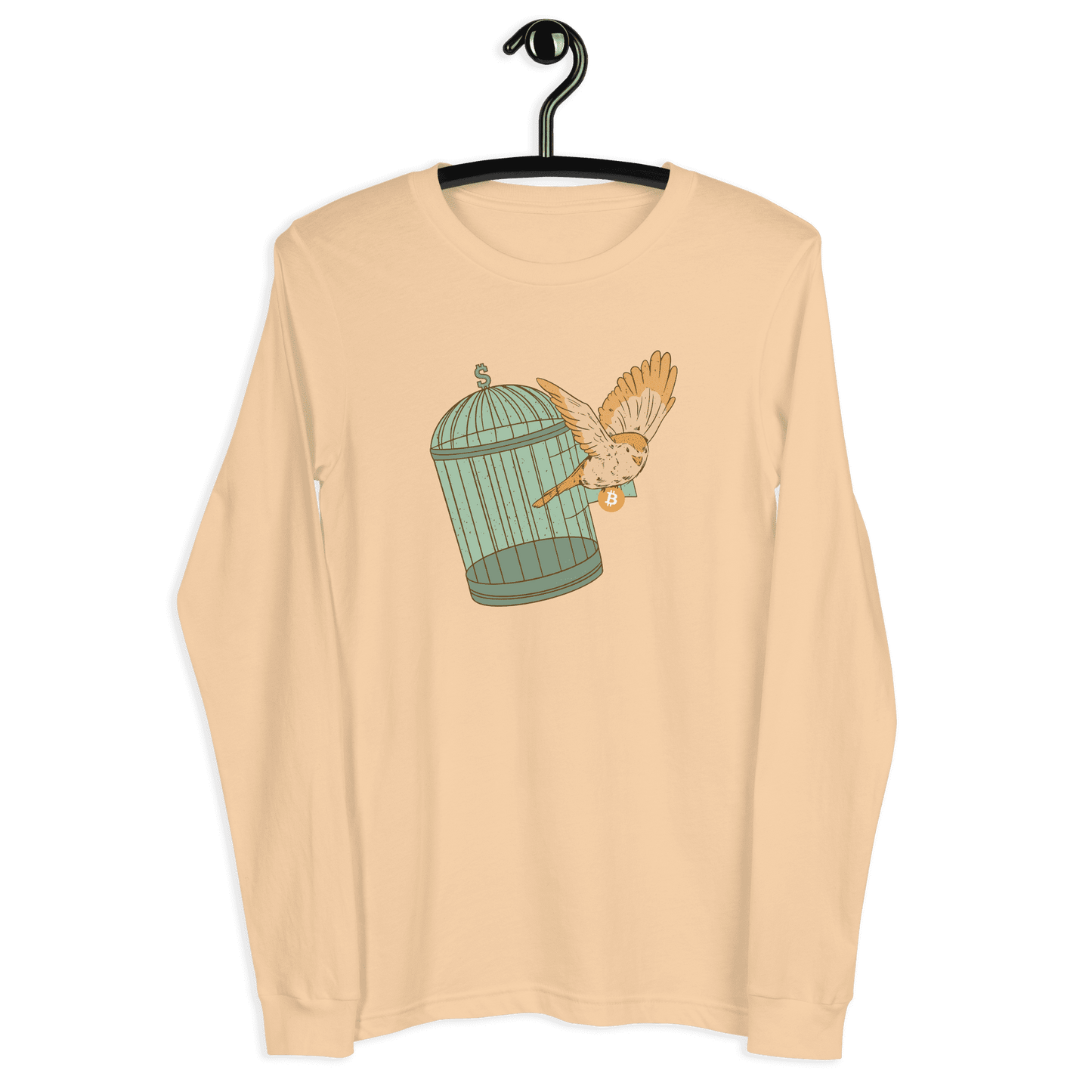 Front view of a sand dune colored bitcoin long sleeve tee.