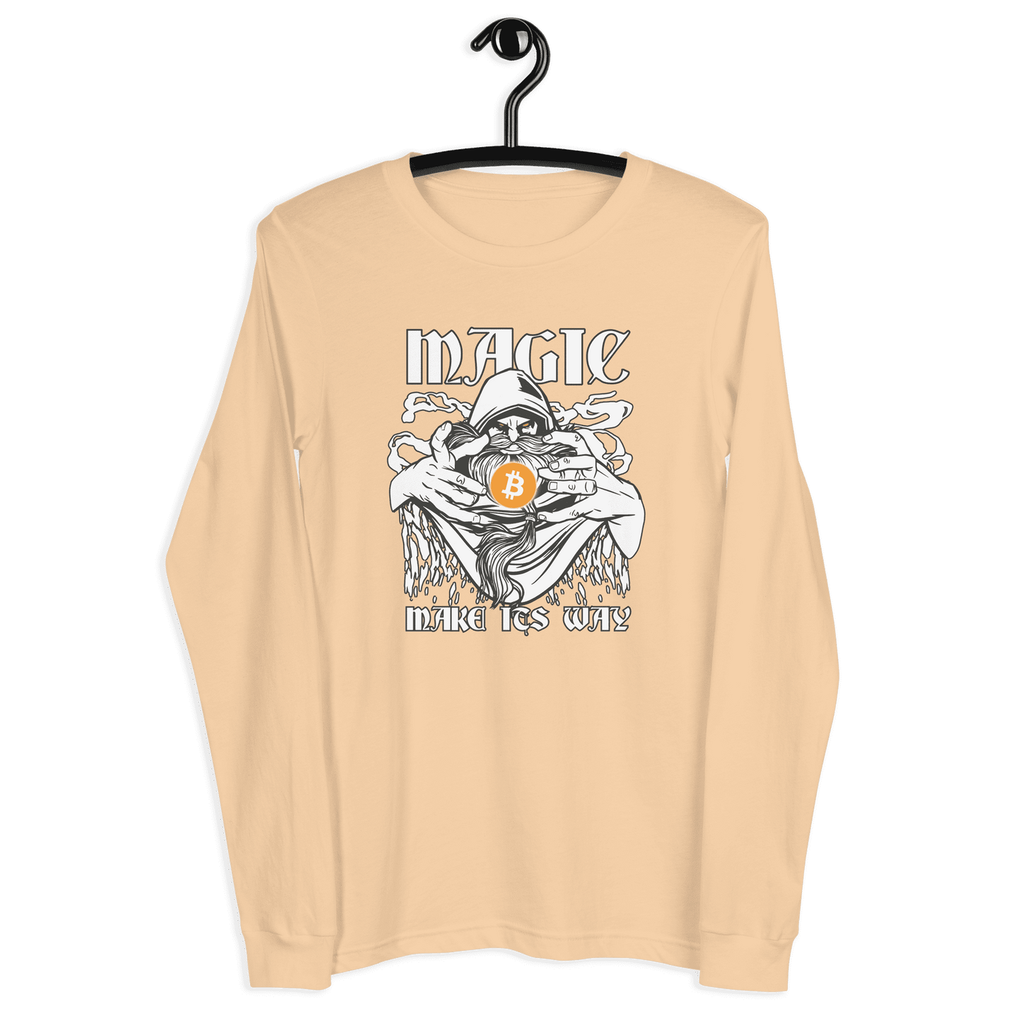 Front view of a sand dune colored bitcoin long sleeve tee.