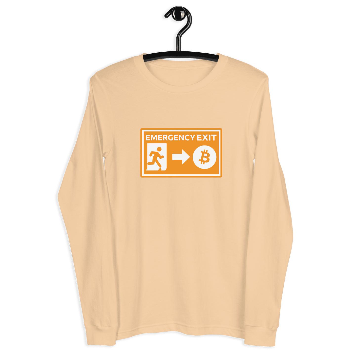 Front view of a sand dune colored bitcoin long sleeve tee.