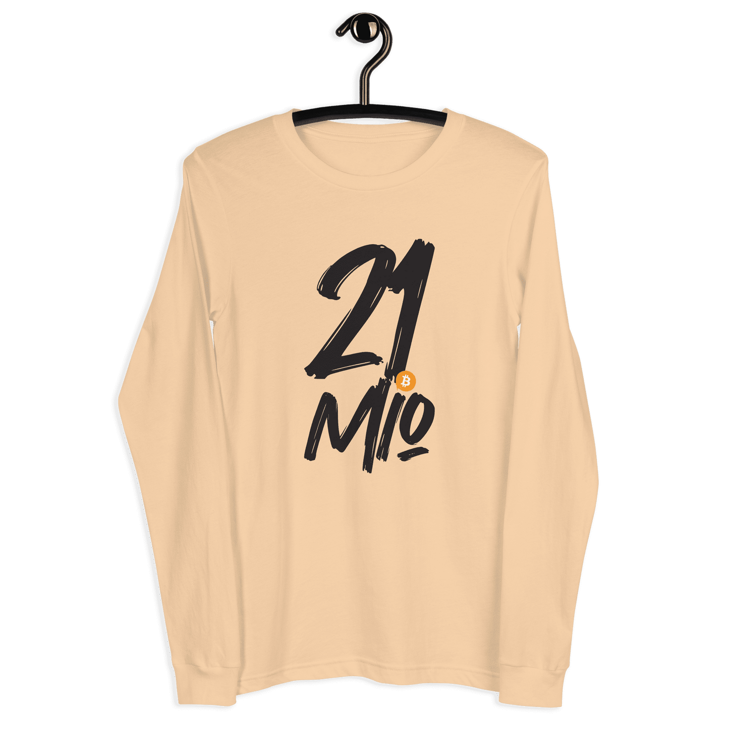 Front view of a sand dune colored bitcoin long sleeve tee.