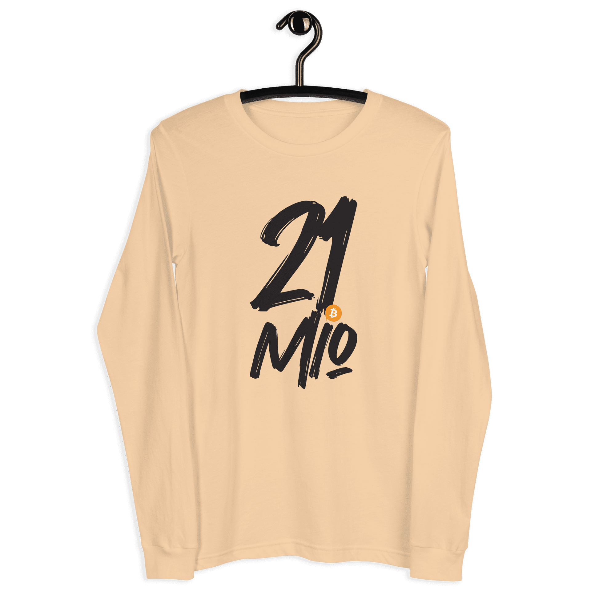 Front view of a sand dune colored bitcoin long sleeve tee.