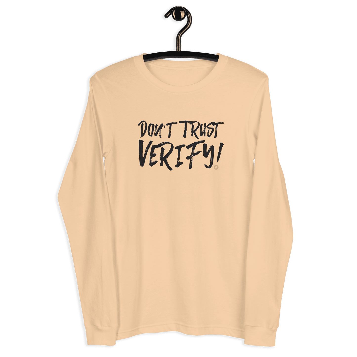 Front view of a sand dune colored bitcoin long sleeve tee.
