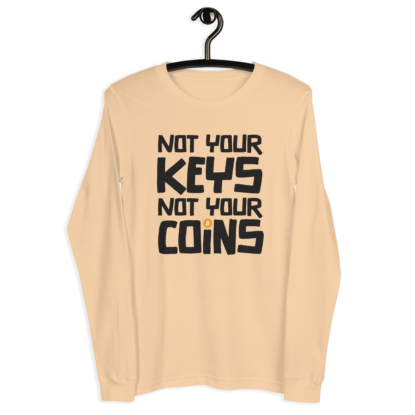 Front view of a sand dune colored bitcoin long sleeve tee.