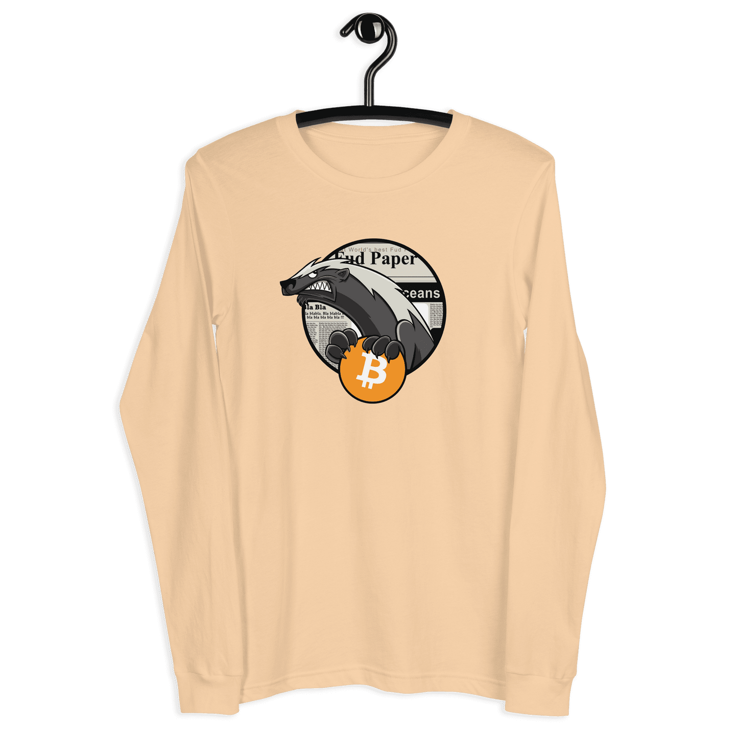 Front view of a sand dune colored bitcoin long sleeve tee.