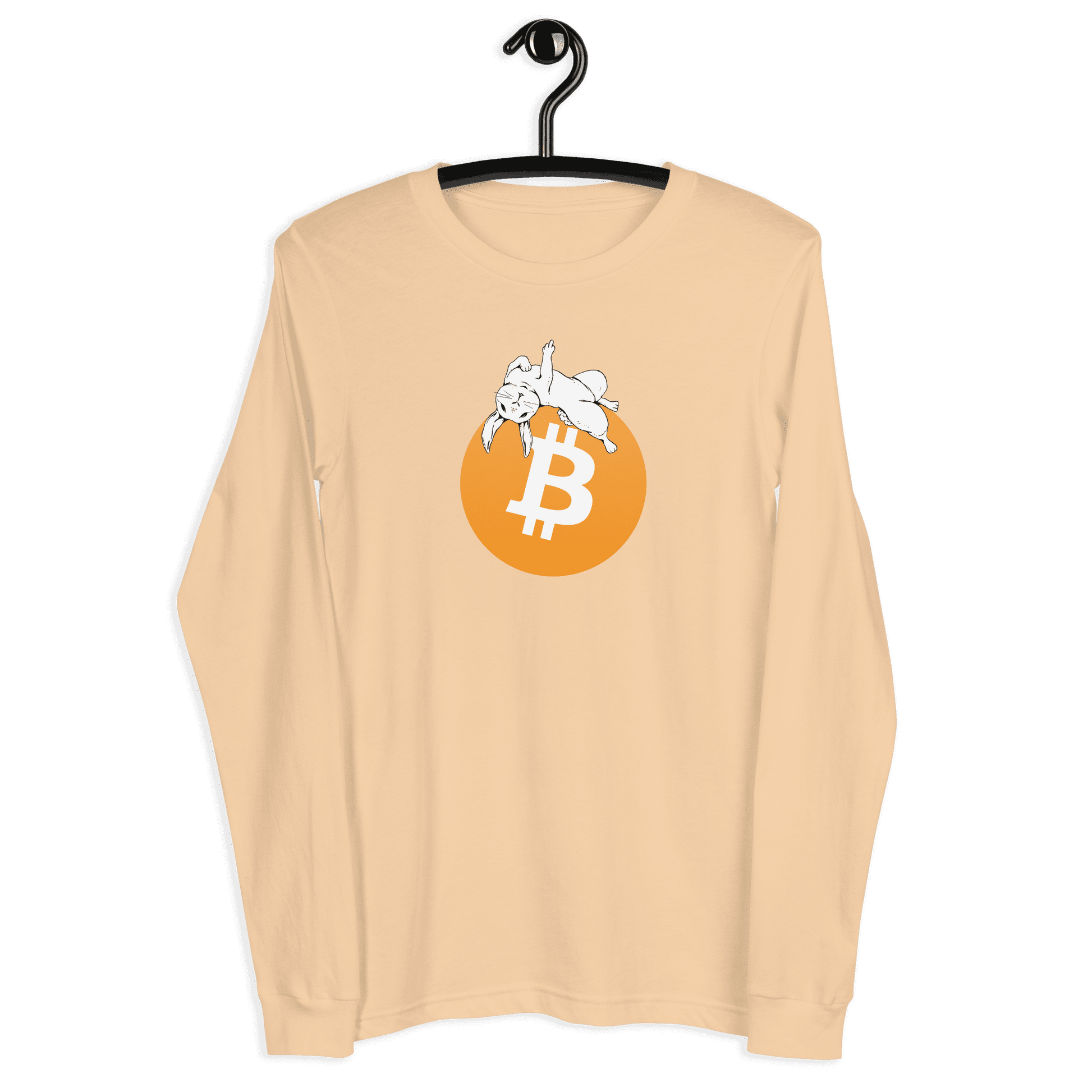 Front view of a sand dune colored bitcoin long sleeve tee.