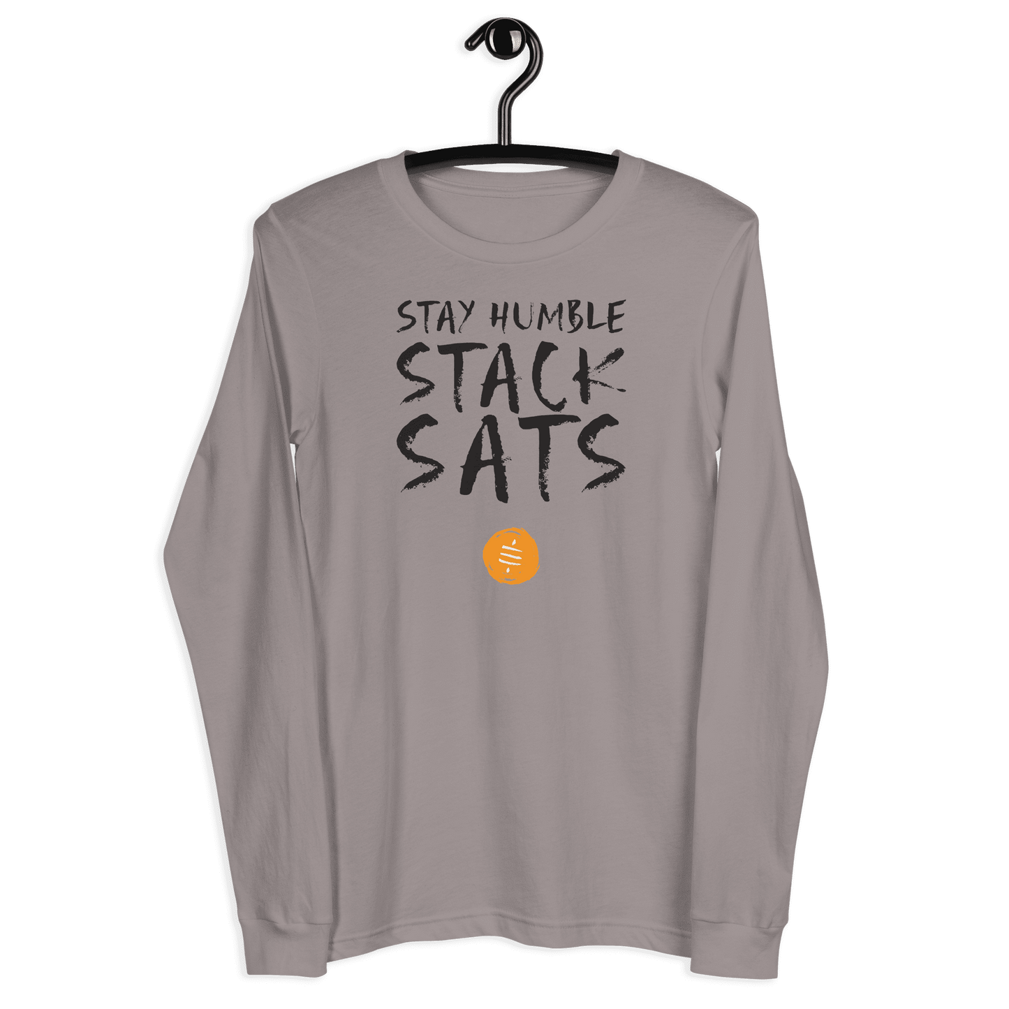 Front view of a storm colored bitcoin long sleeve tee.