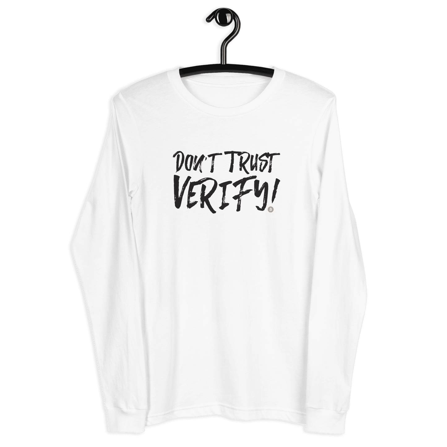 Front view of a white bitcoin long sleeve tee.