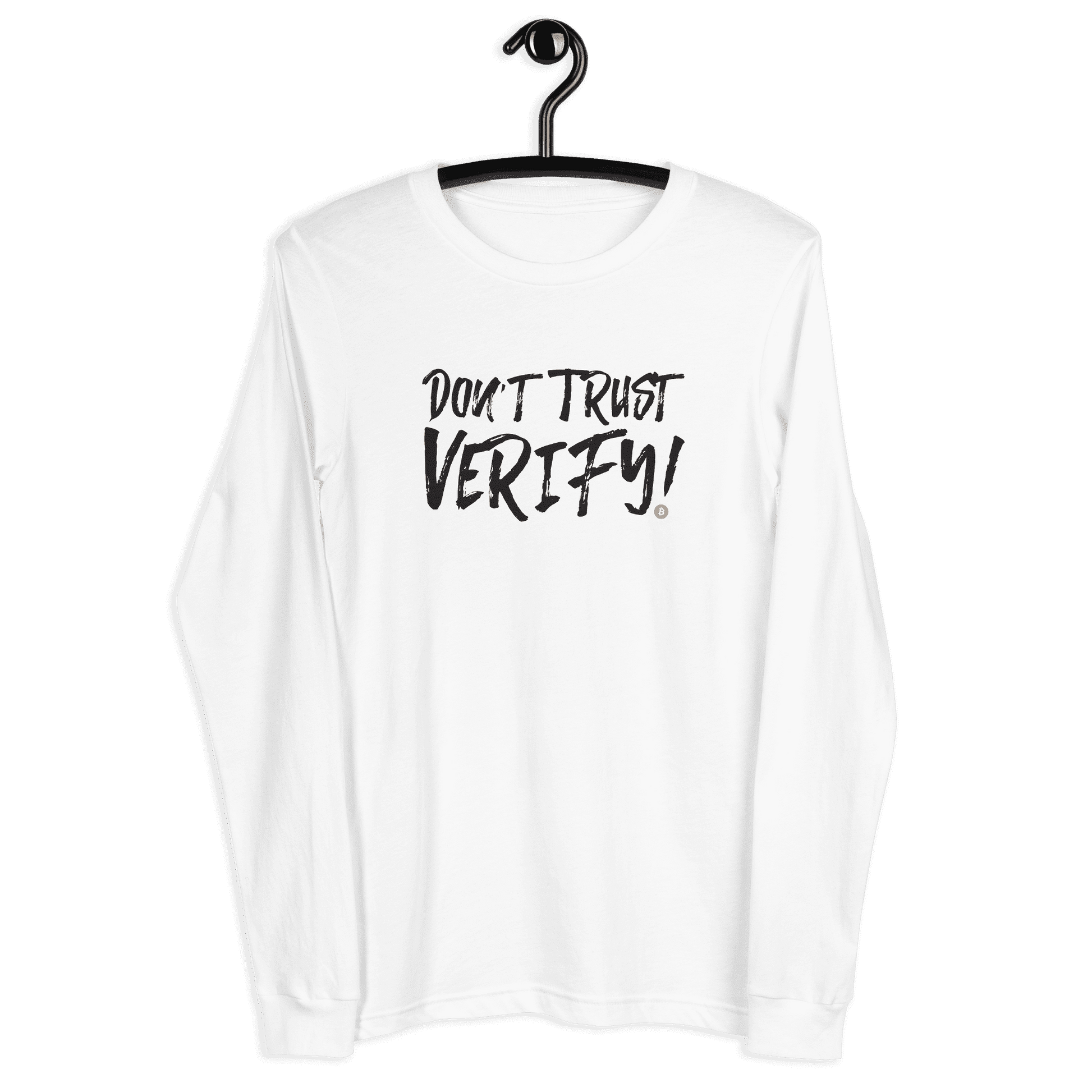 Front view of a white bitcoin long sleeve tee.