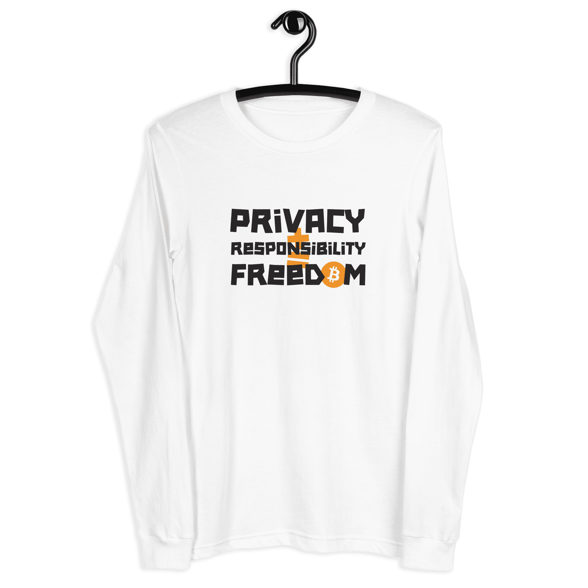 Front view of a white bitcoin long sleeve tee.