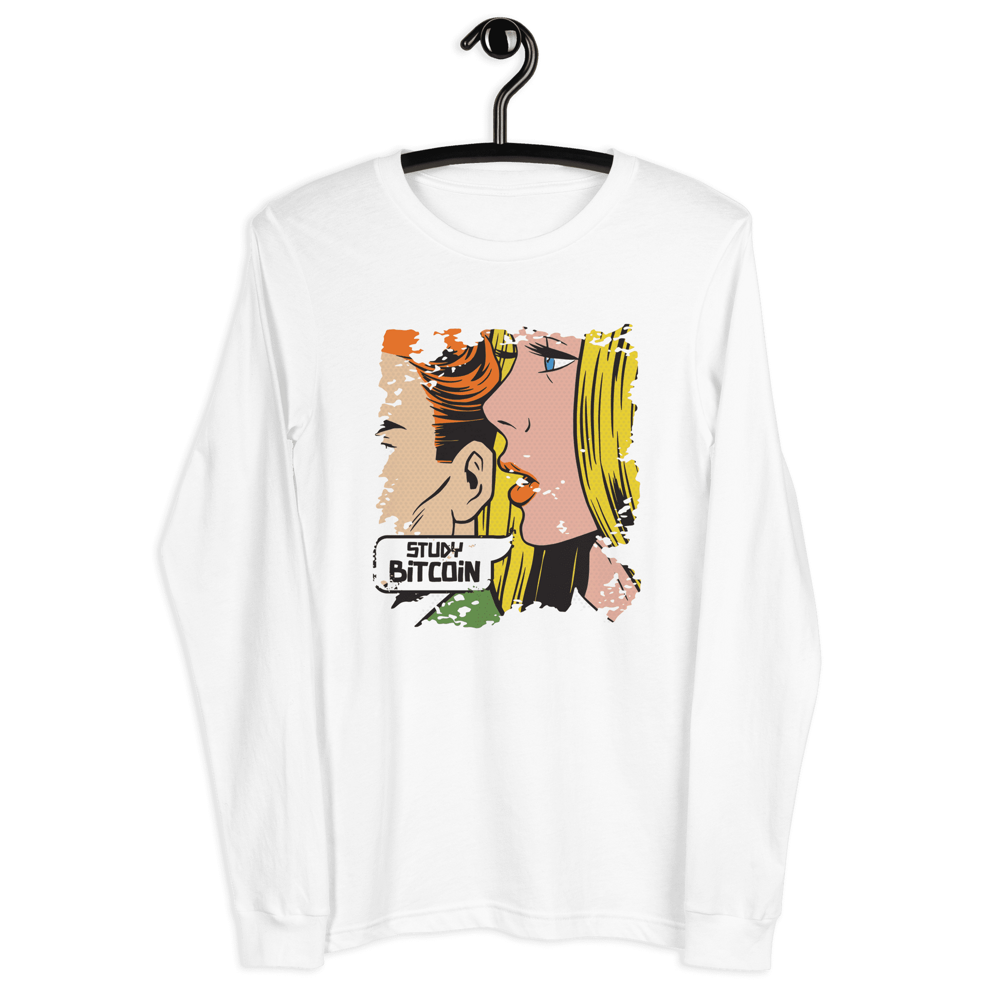 Front view of a white bitcoin long sleeve tee.