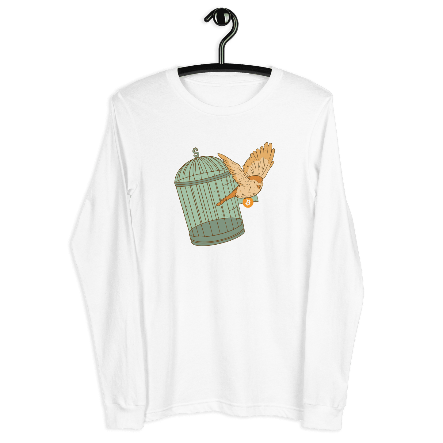Front view of a white bitcoin long sleeve tee.