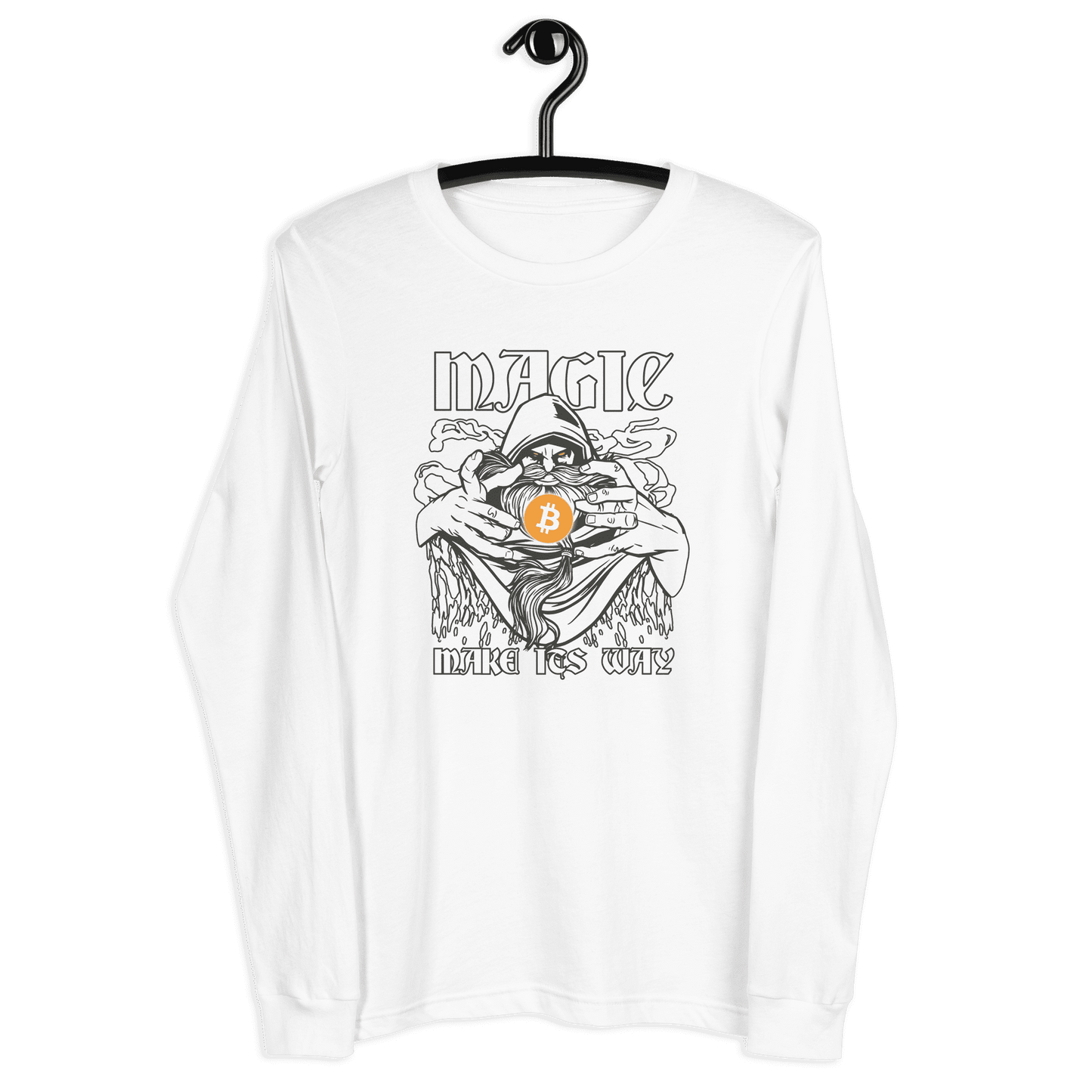 Front view of a white bitcoin long sleeve tee.