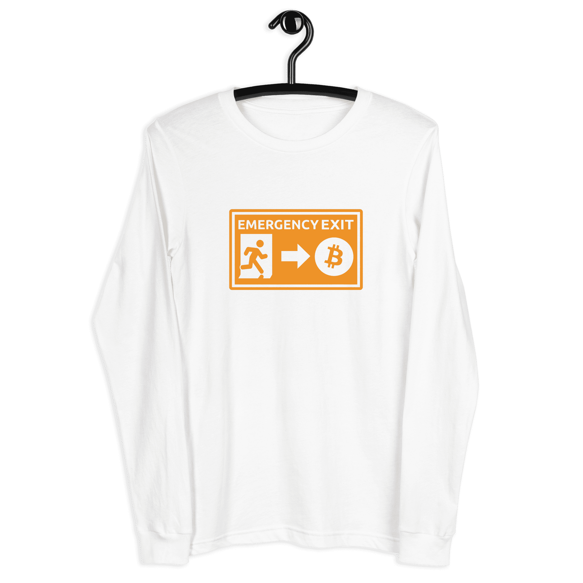Front view of a white bitcoin long sleeve tee.