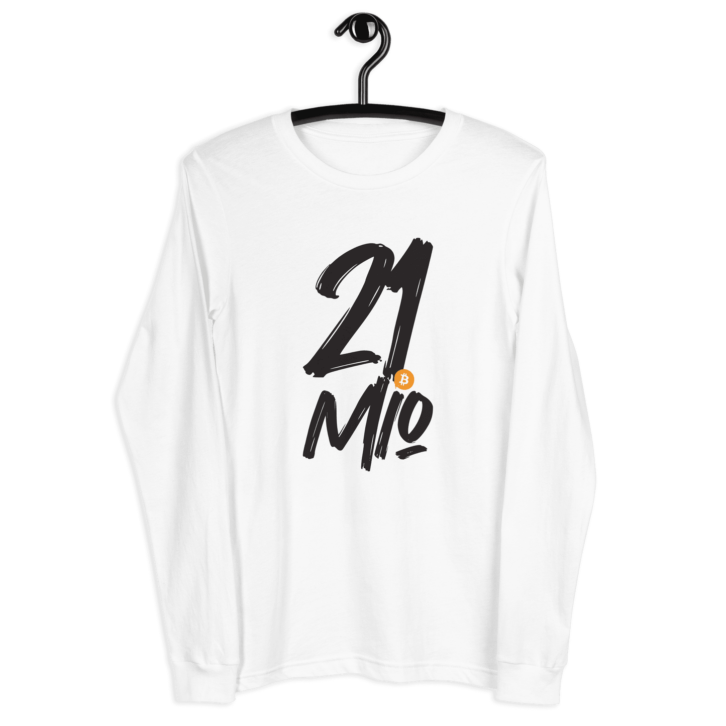 Front view of a white bitcoin long sleeve tee.