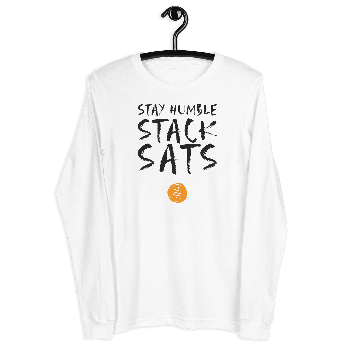 Front view of a white bitcoin long sleeve tee.