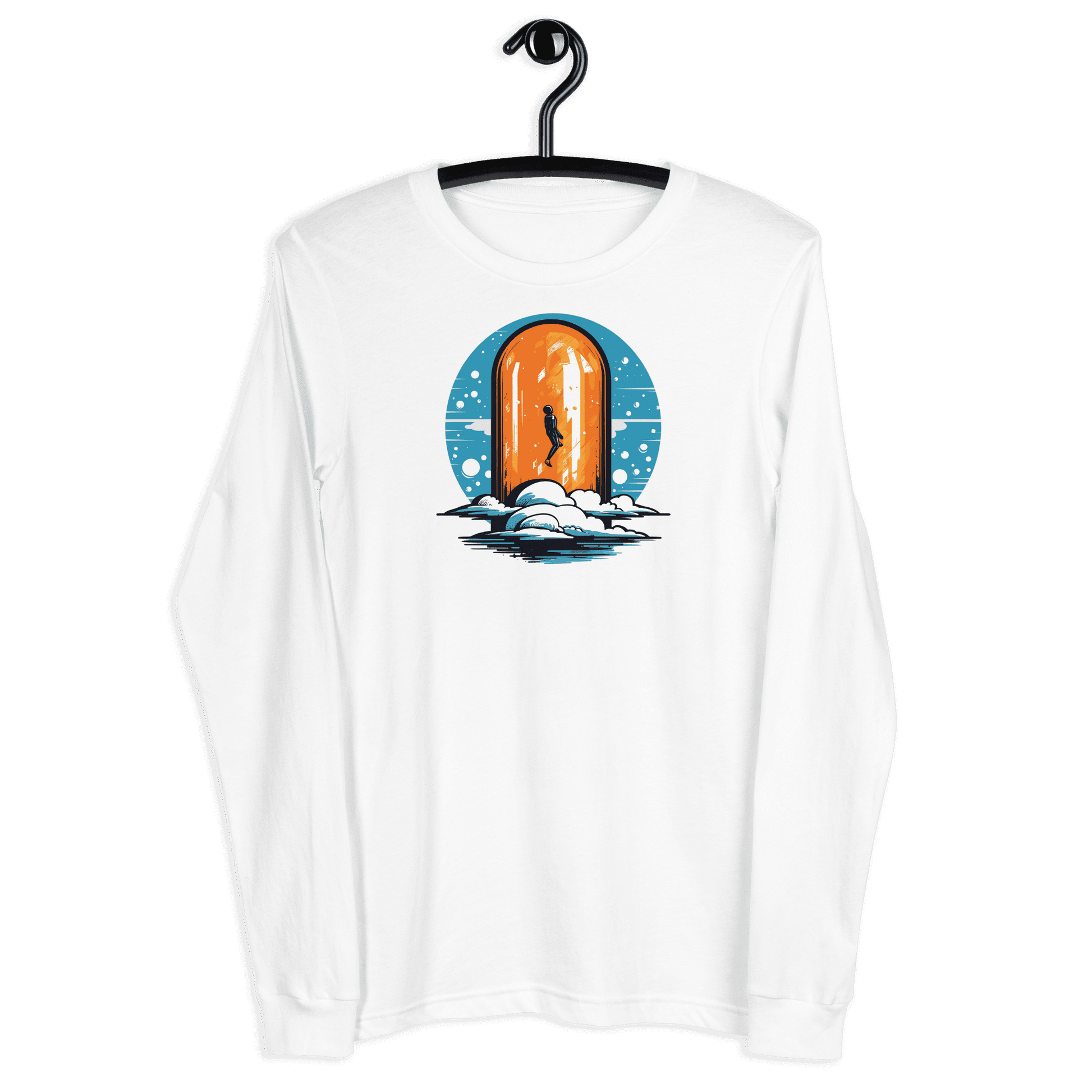 Front view of a white bitcoin long sleeve tee.