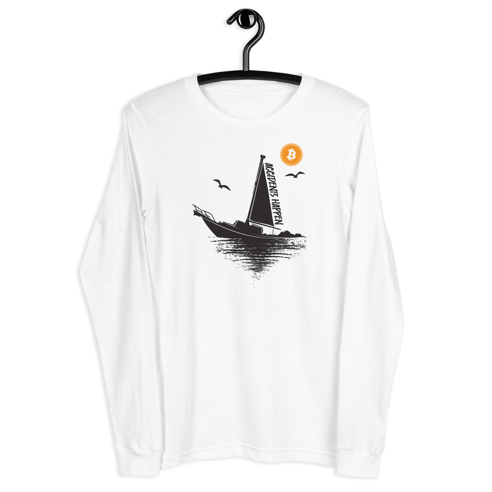 Front view of a white bitcoin long sleeve tee.