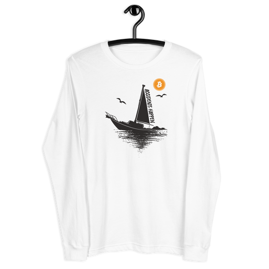 Front view of a white bitcoin long sleeve tee.