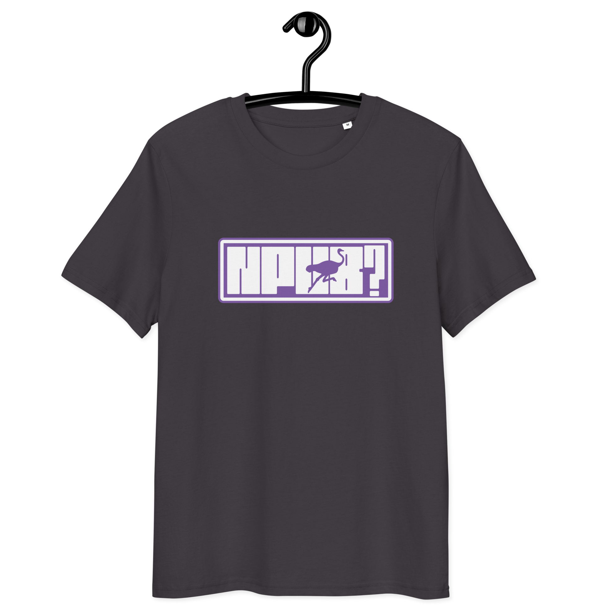 Front view of an athracite bitcoin t-shirt.