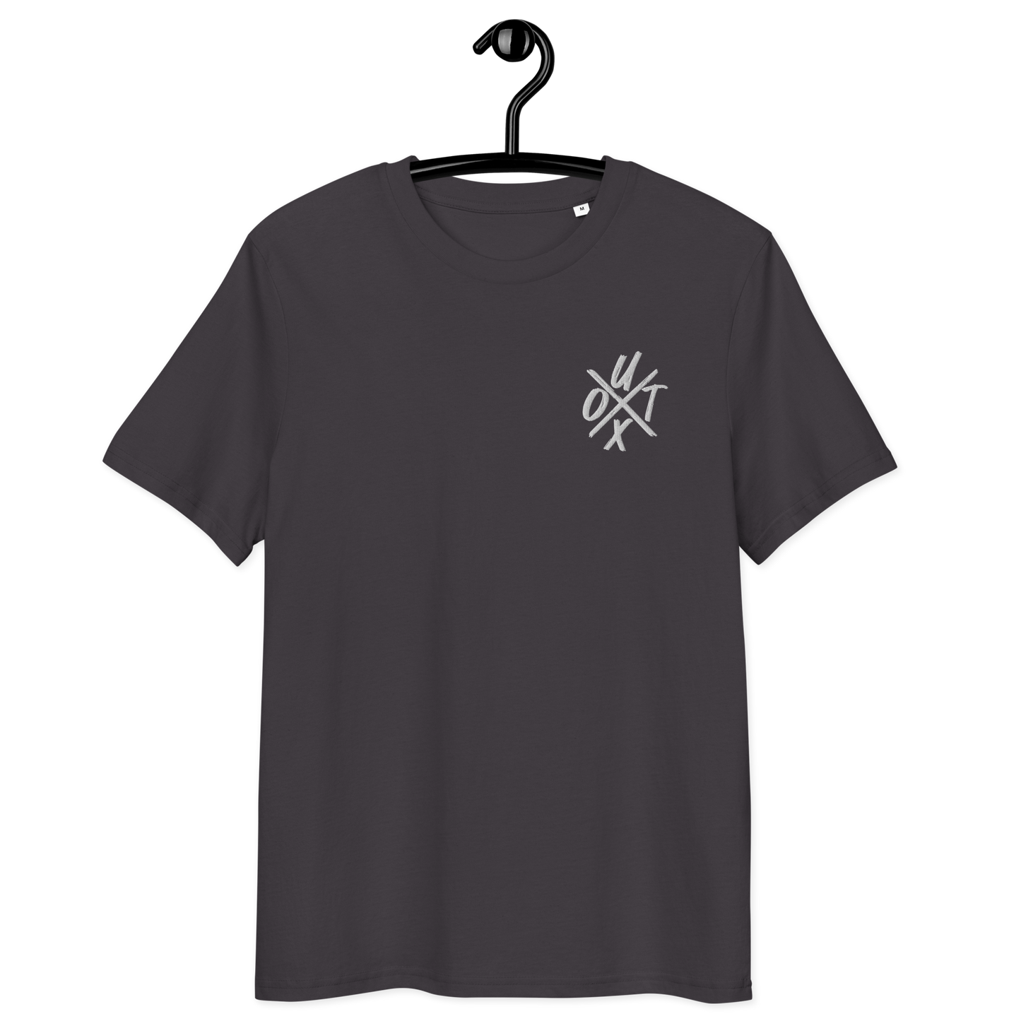 Front view of an anthracite embroidered bitcoin t-shirt.