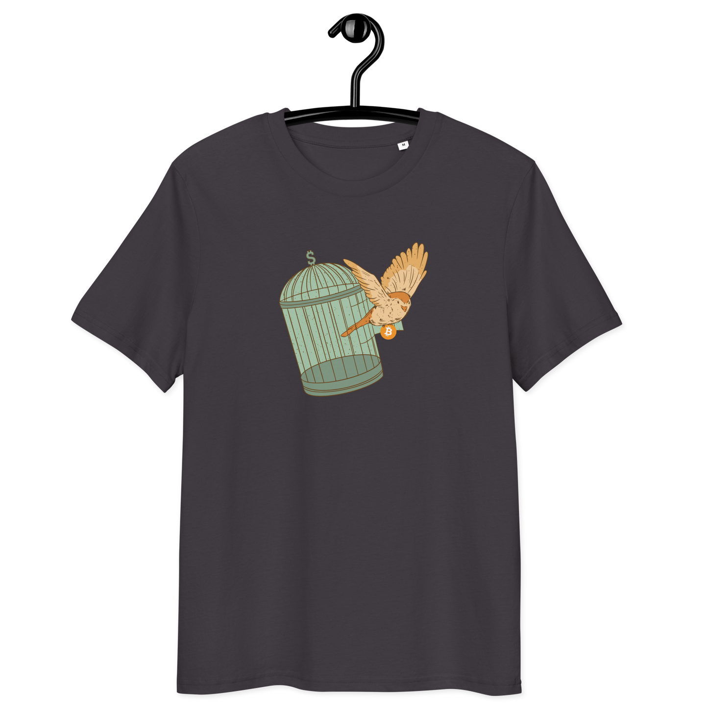 Front view of an athracite bitcoin t-shirt.