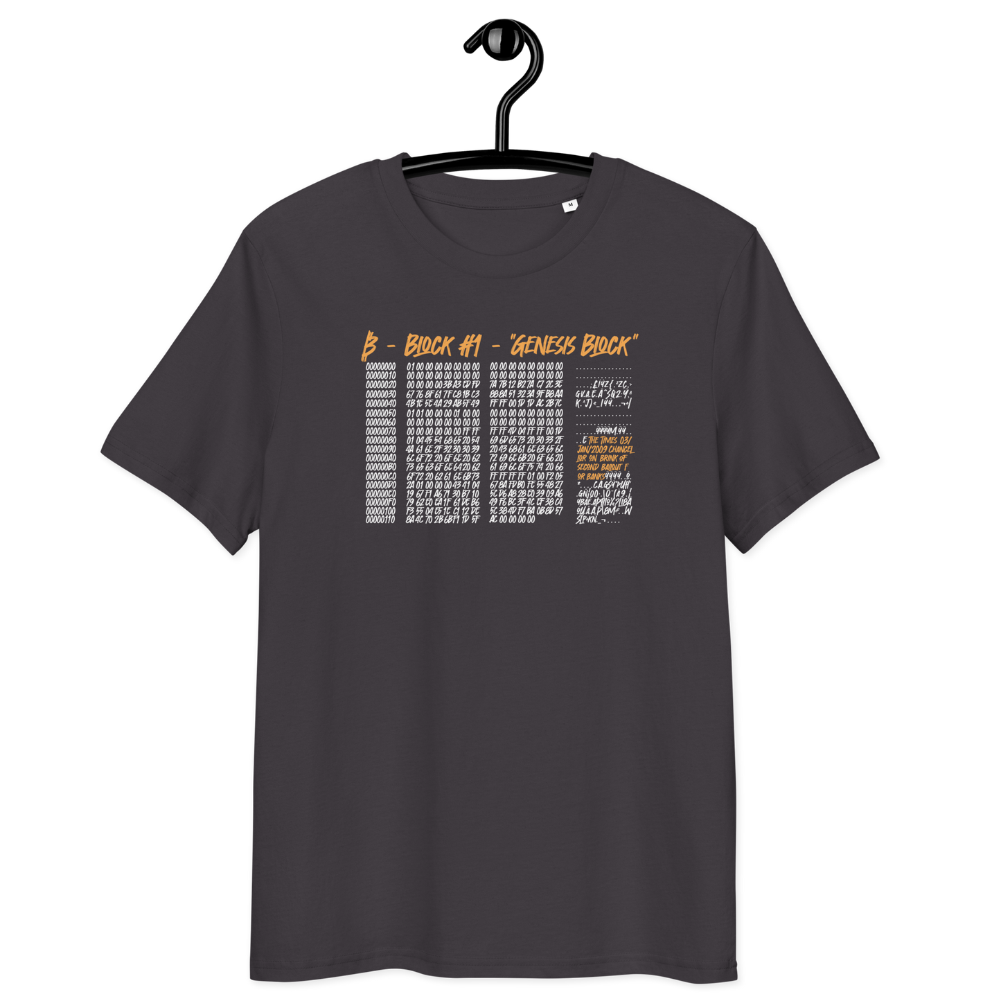 Front view of an athracite bitcoin t-shirt.