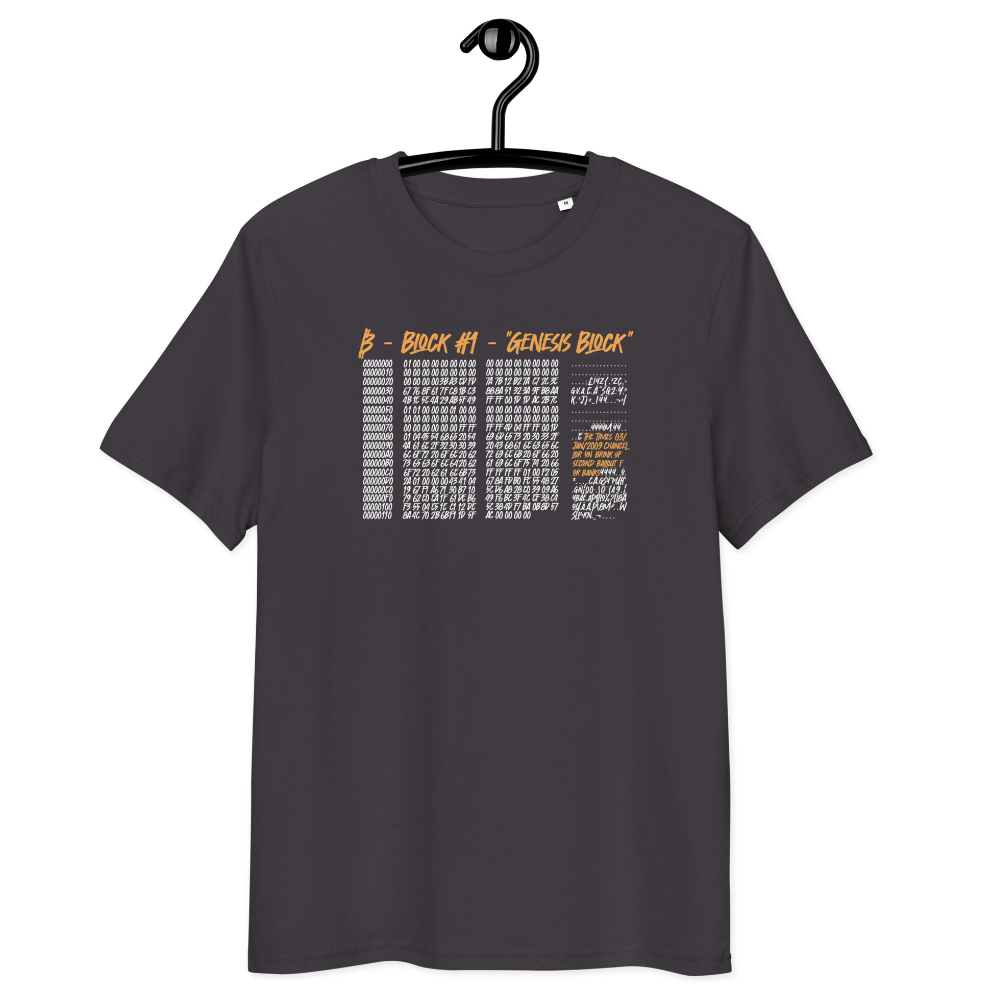 Front view of an athracite bitcoin t-shirt.