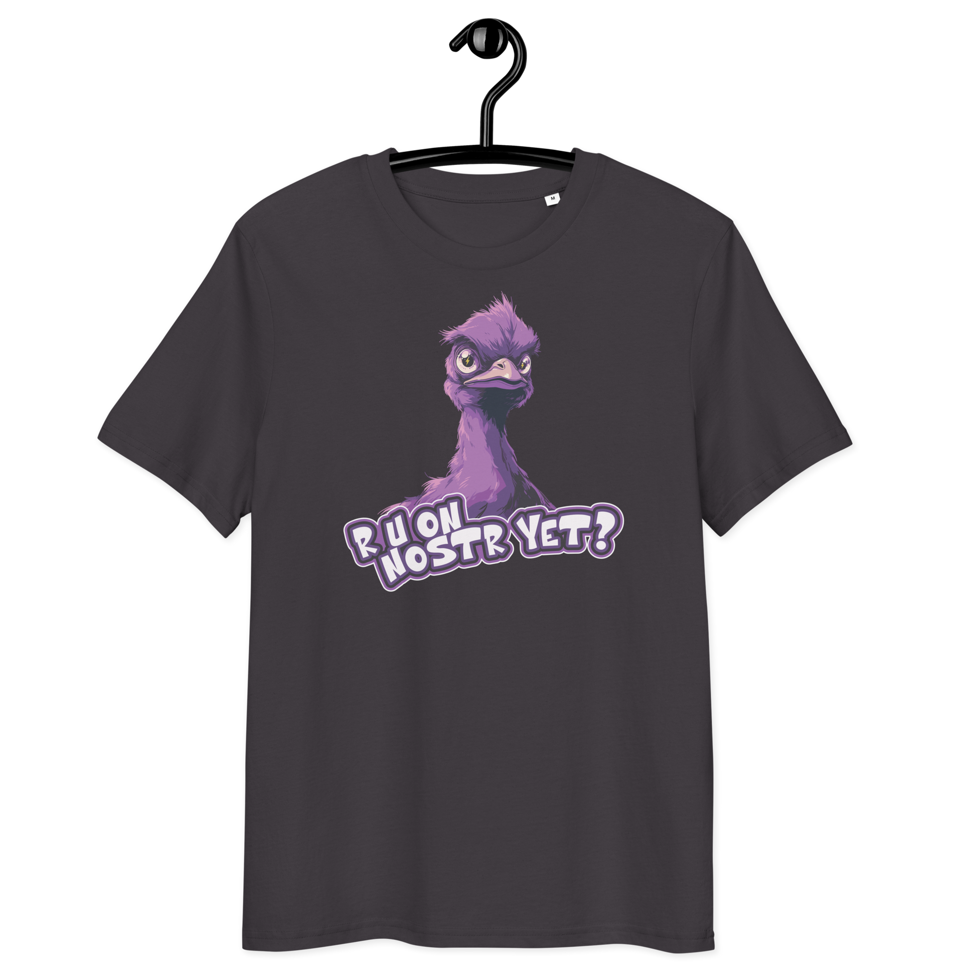 Front view of an athracite bitcoin t-shirt.