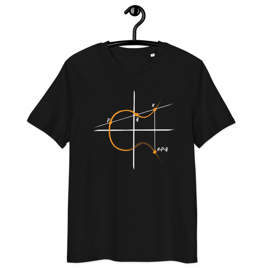 Front view of a black bitcoin t-shirt.