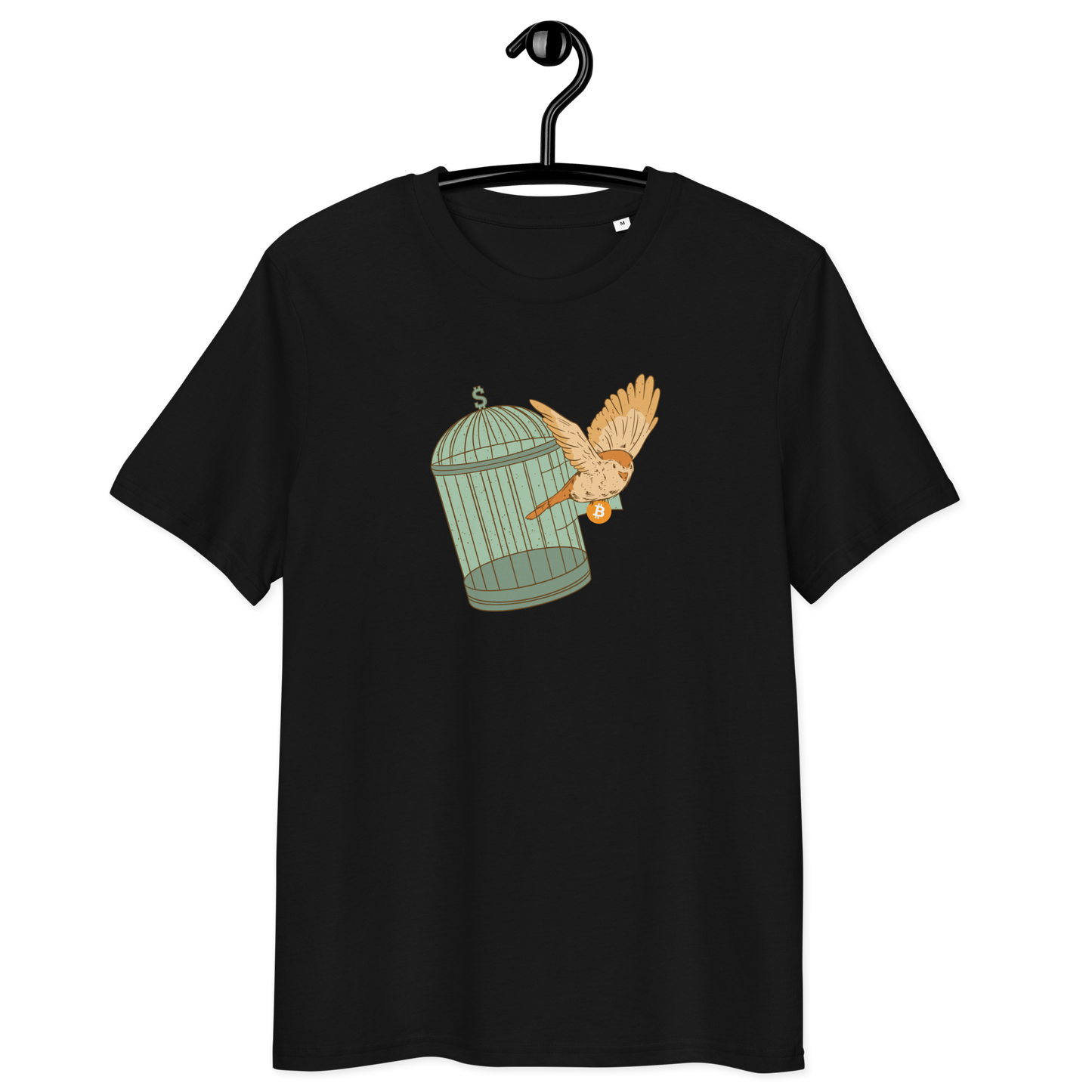Front view of a black bitcoin t-shirt.