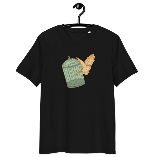 Front view of a black bitcoin t-shirt.