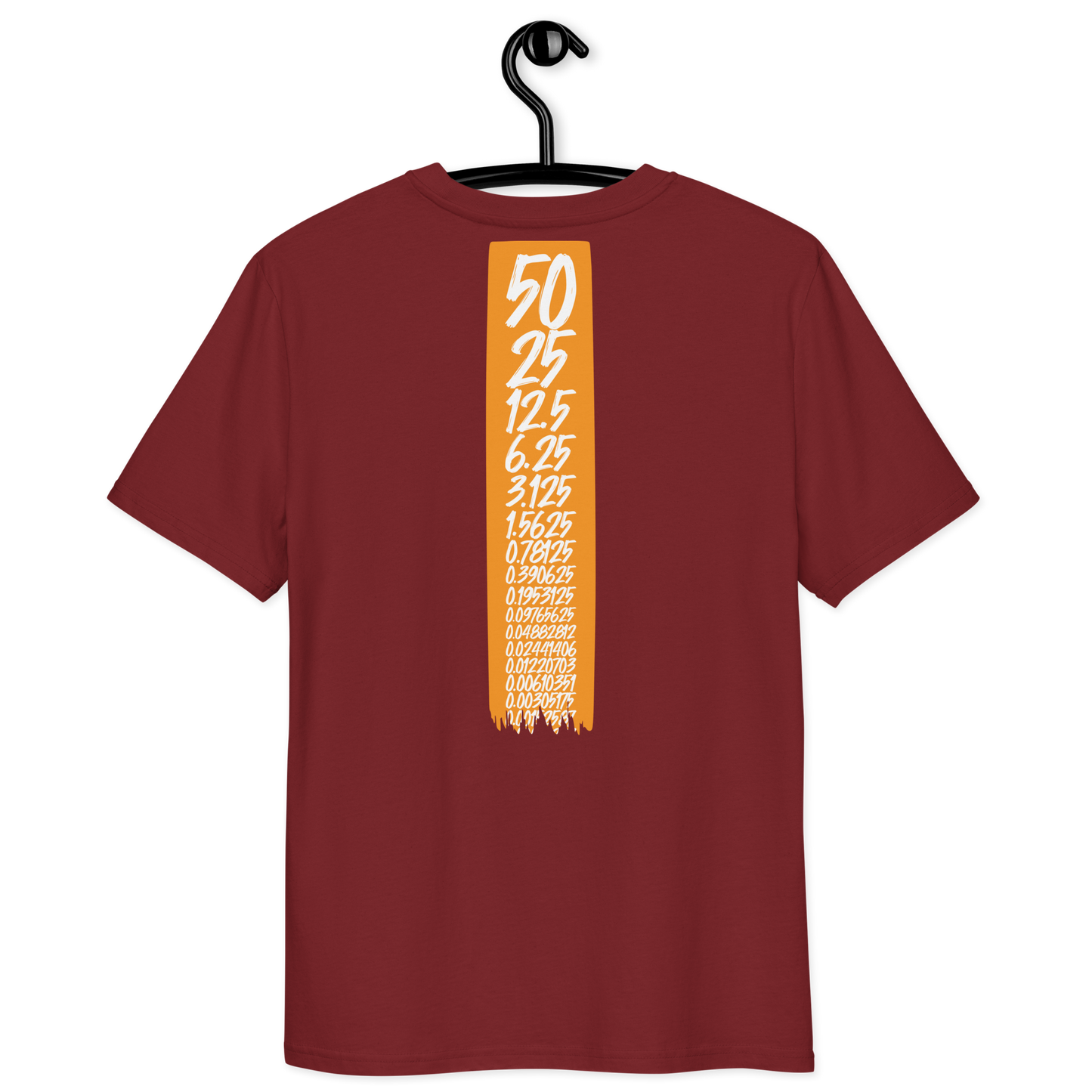 Back view of a burgundy bitcoin t-shirt.