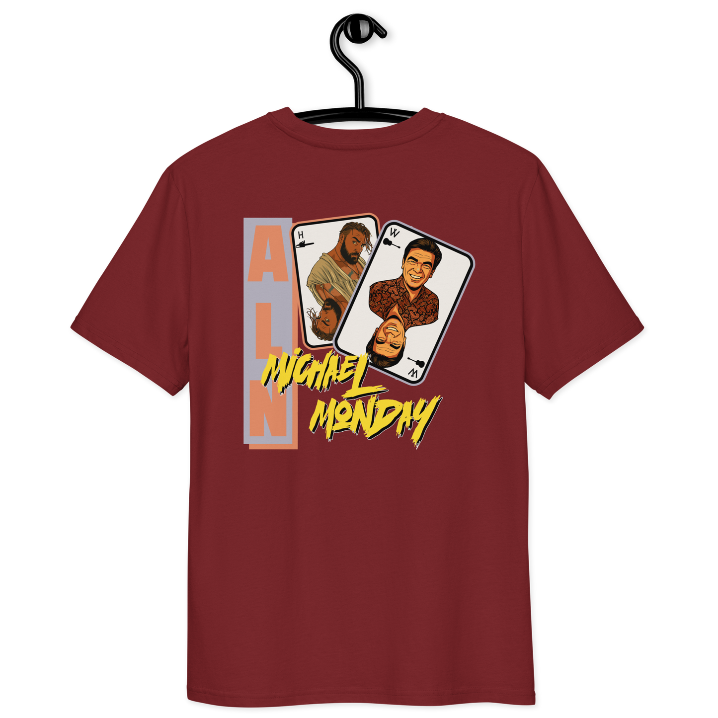 Back view of a burgundy aln t-shirt.